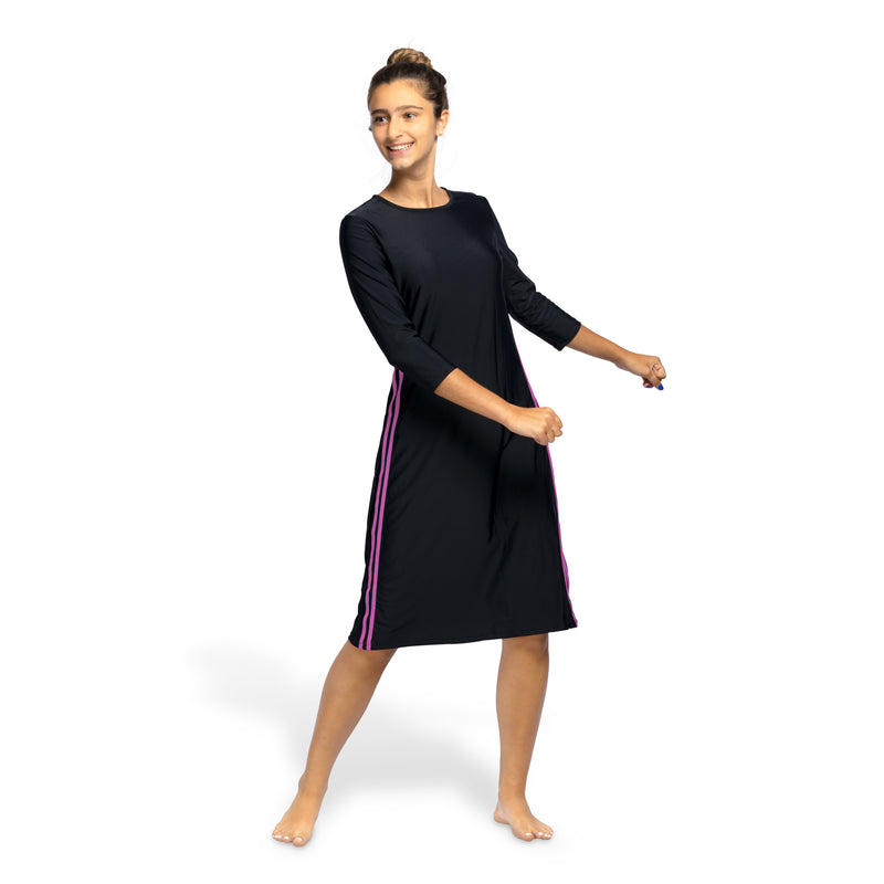 Woman Modest Tznius 3/4 Sleeve Athletic Swimdress Beach Cover up UPF 50+ Sun Protection (Reef in Black / Fuchsia)