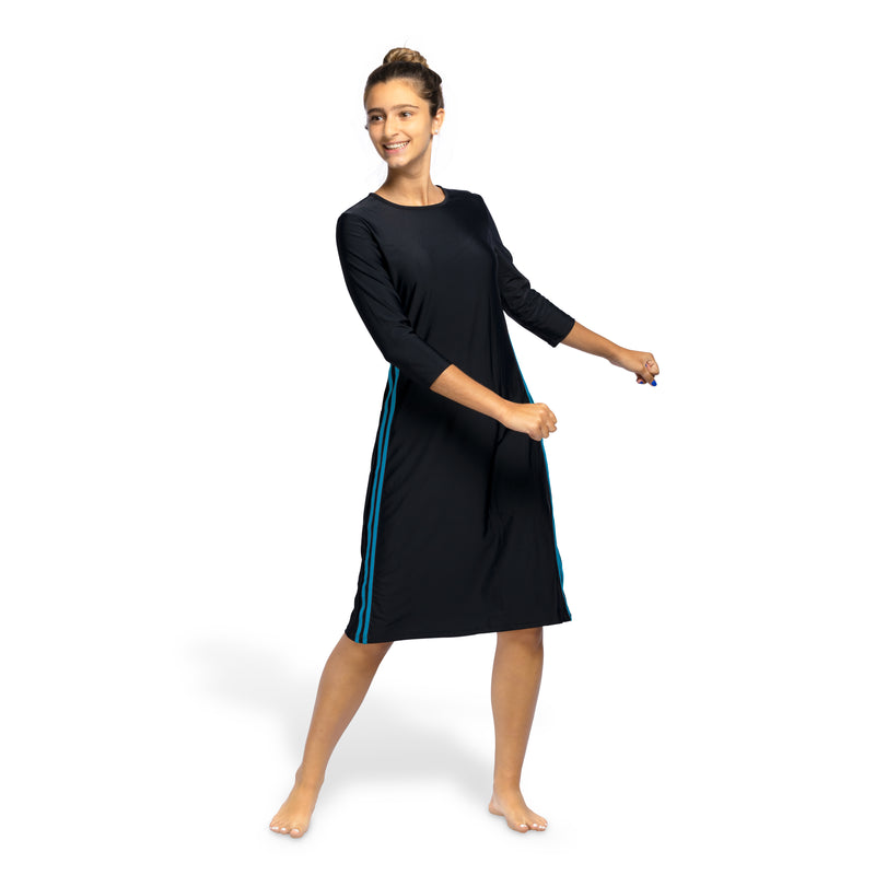 Woman Modest Tznius 3/4 Sleeve Athletic Swimdress Beach Cover up UPF 50+ Sun Protection (Reef in Black / Aqua)