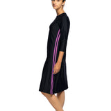 Woman Modest Tznius 3/4 Sleeve Athletic Swimdress Beach Cover up UPF 50+ Sun Protection (Reef in Black / Fuchsia)