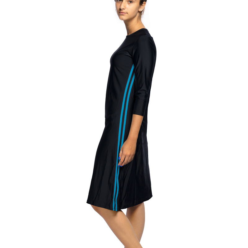 Woman Modest Tznius 3/4 Sleeve Athletic Swimdress Beach Cover up UPF 50+ Sun Protection (Reef in Black / Aqua)