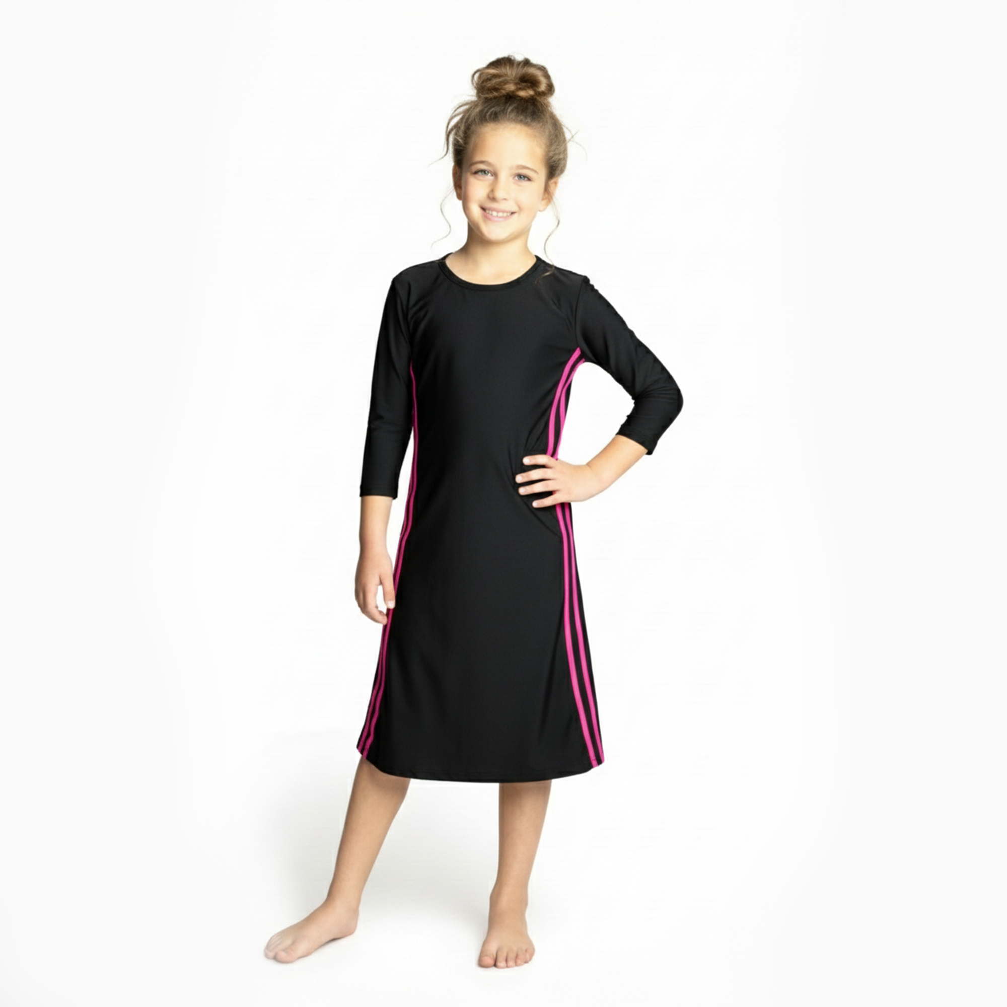 Girls Modest Tznius 3/4 Sleeve UPF 50+ Sun Protection bathing Suit Swimdress (Reef in Black / Fuchsia)