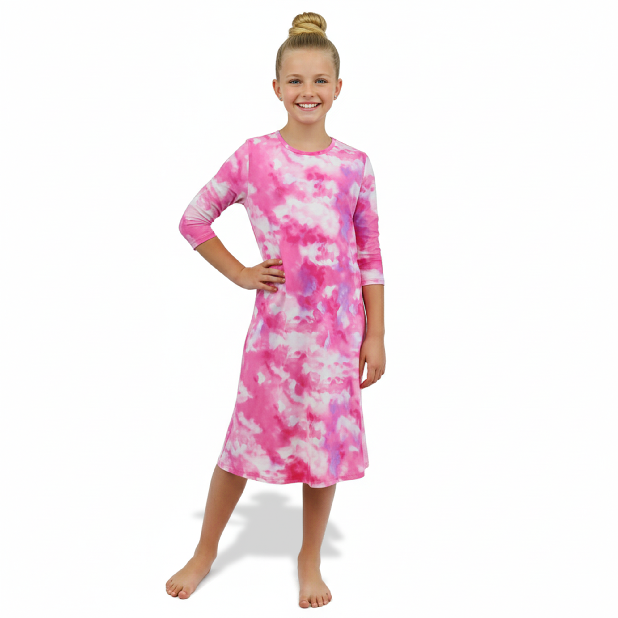 Girls Modest Tznius 3/4 Sleeve UPF 50+ Sun Protection bathing Suit Swimdress  (Batik in Pink Color )