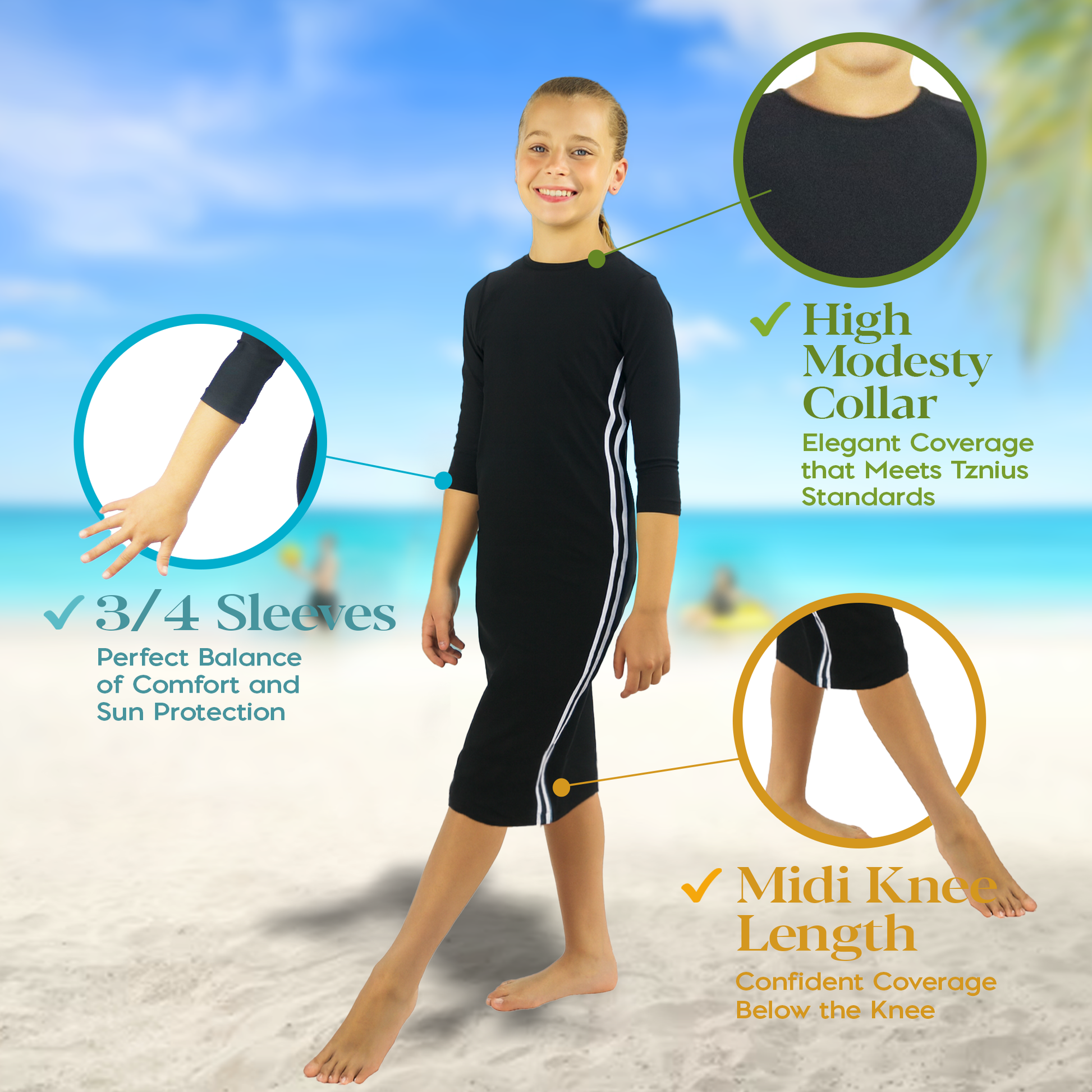 Girls Modest Swim Dress Black White | Tznius UPF 50+ Swim... 14 Relax