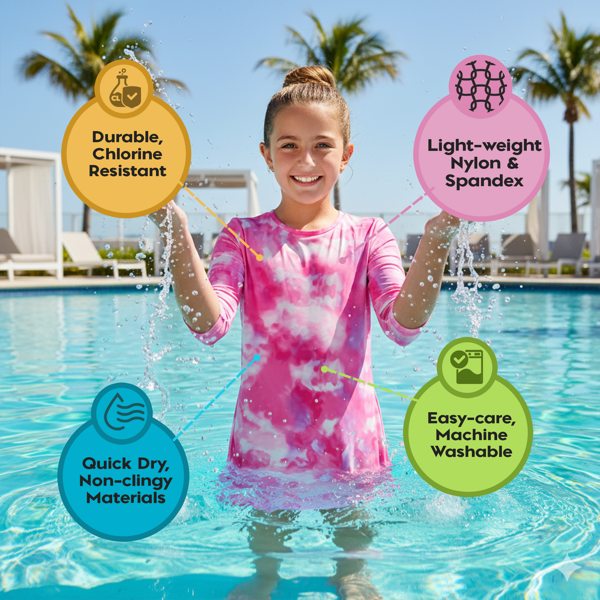 Girls Modest Tznius 3/4 Sleeve UPF 50+ Sun Protection bathing Suit Swimdress  (Batik in Pink Color )