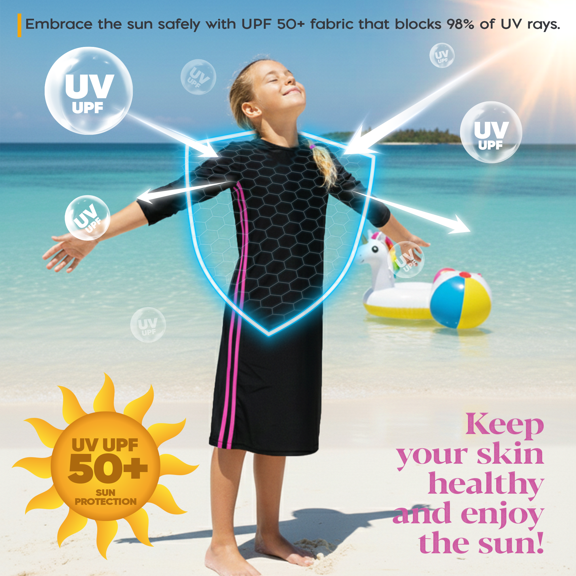 Girls Modest Tznius 3/4 Sleeve UPF 50+ Sun Protection bathing Suit Swimdress (Reef in Black / Fuchsia)