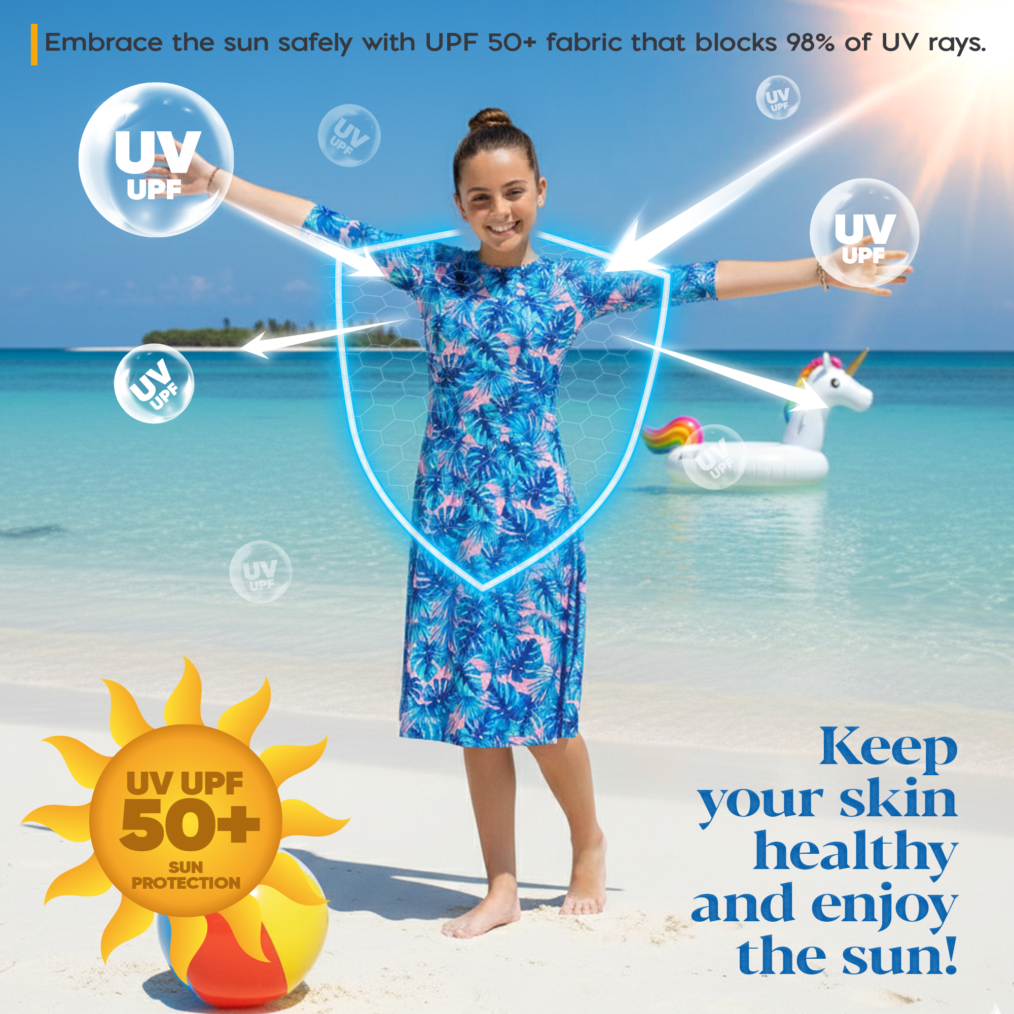 Girls Modest Swim Dress Blue | Tznius UPF 50+ Swimwear Shira Dress Girls Modest Swim Dress Blue | Tznius UPF 50+ Swimwear Shira Dress