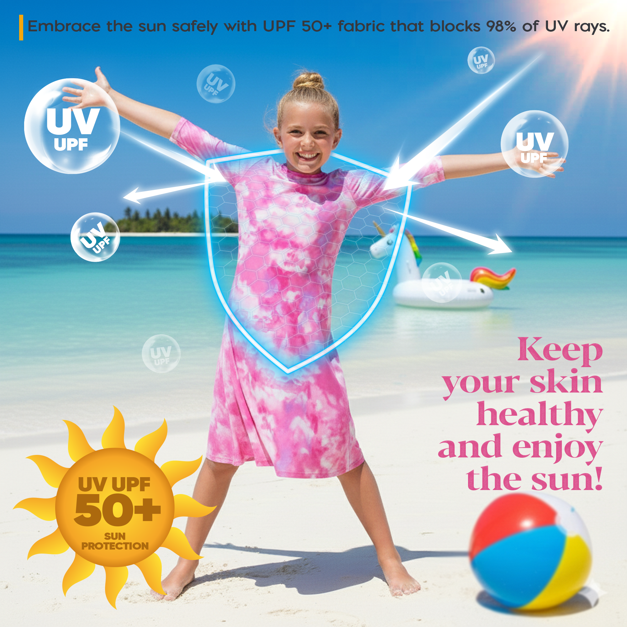 Girls Modest Tznius 3/4 Sleeve UPF 50+ Sun Protection bathing Suit Swimdress  (Batik in Pink Color )