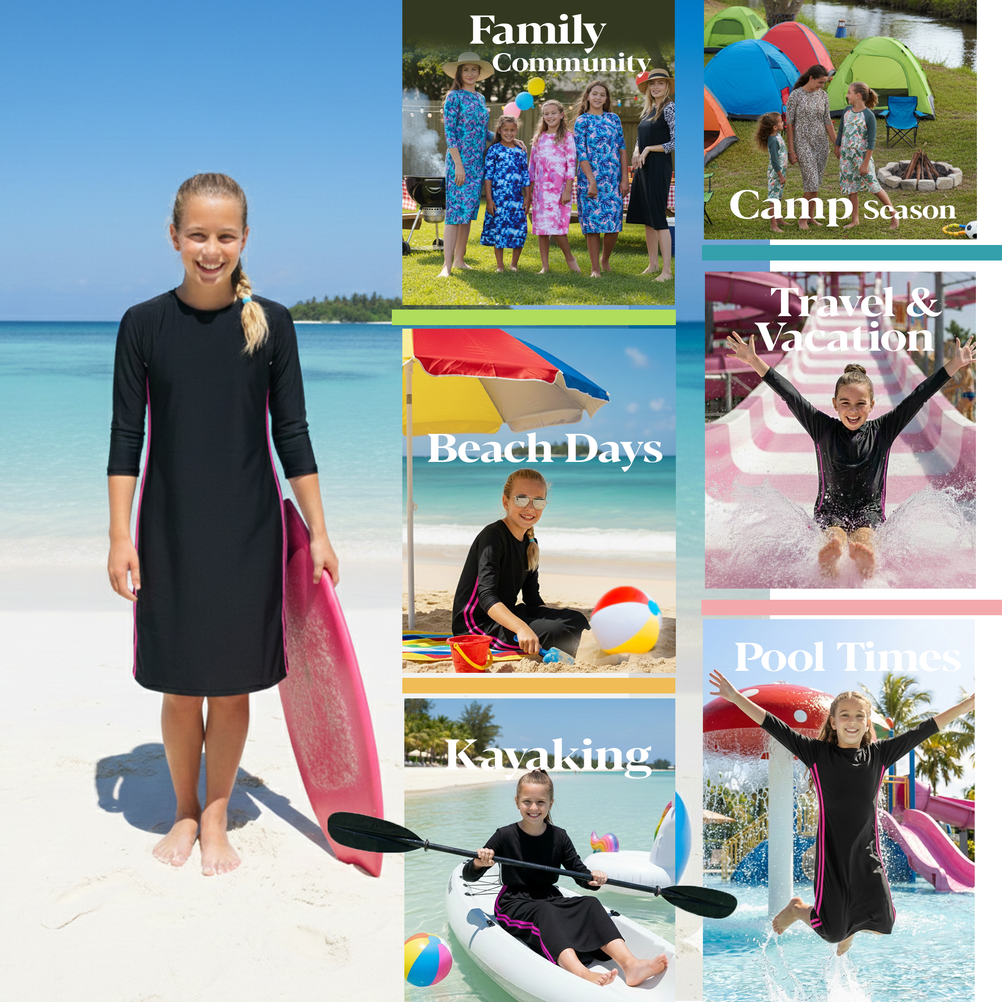 Girls Modest Tznius 3/4 Sleeve UPF 50+ Sun Protection bathing Suit Swimdress (Reef in Black / Fuchsia)