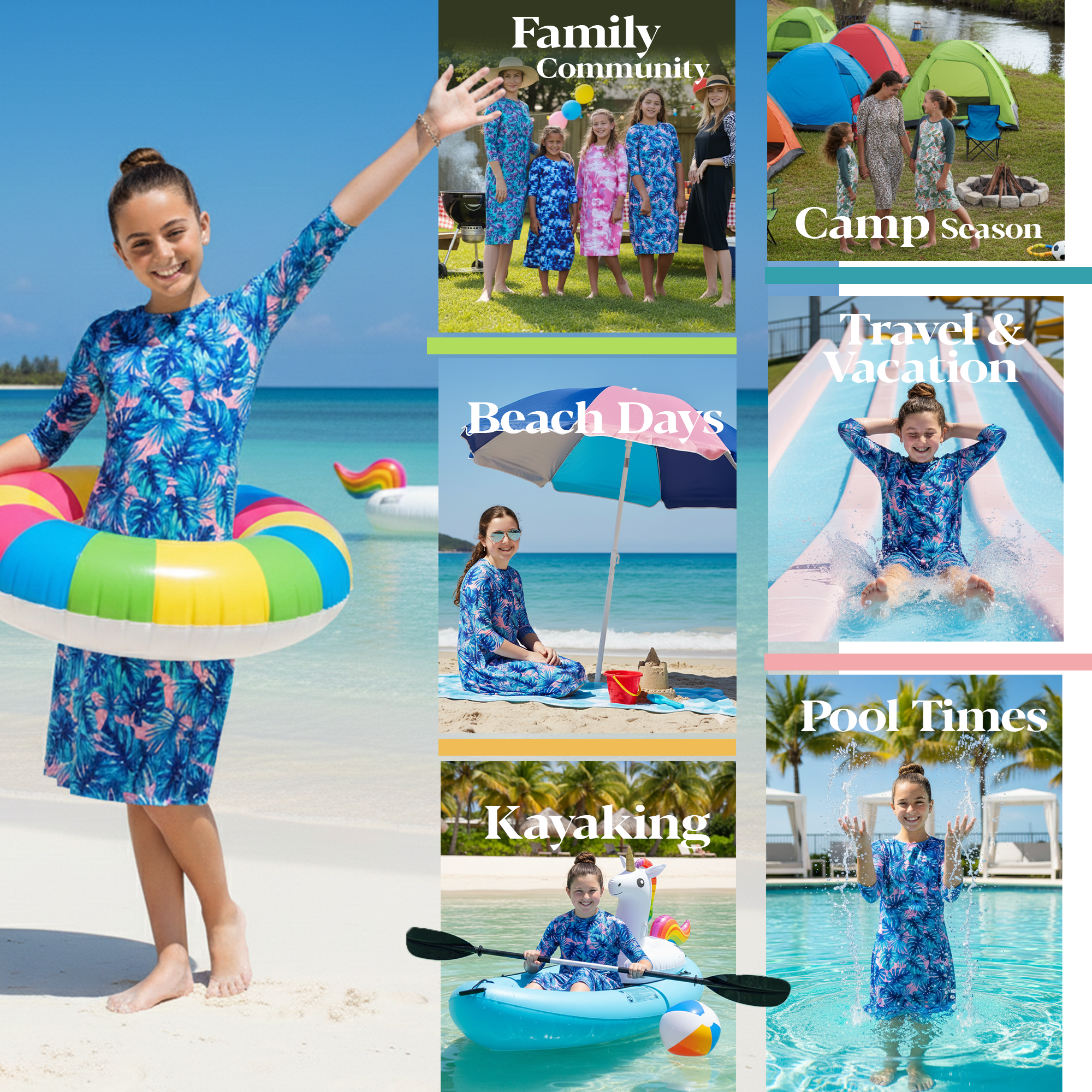 Girls Modest Tznius 3/4 Sleeve UPF 50+ Sun Protection bathing Suit Swimdress  (Miami in Blue Color )