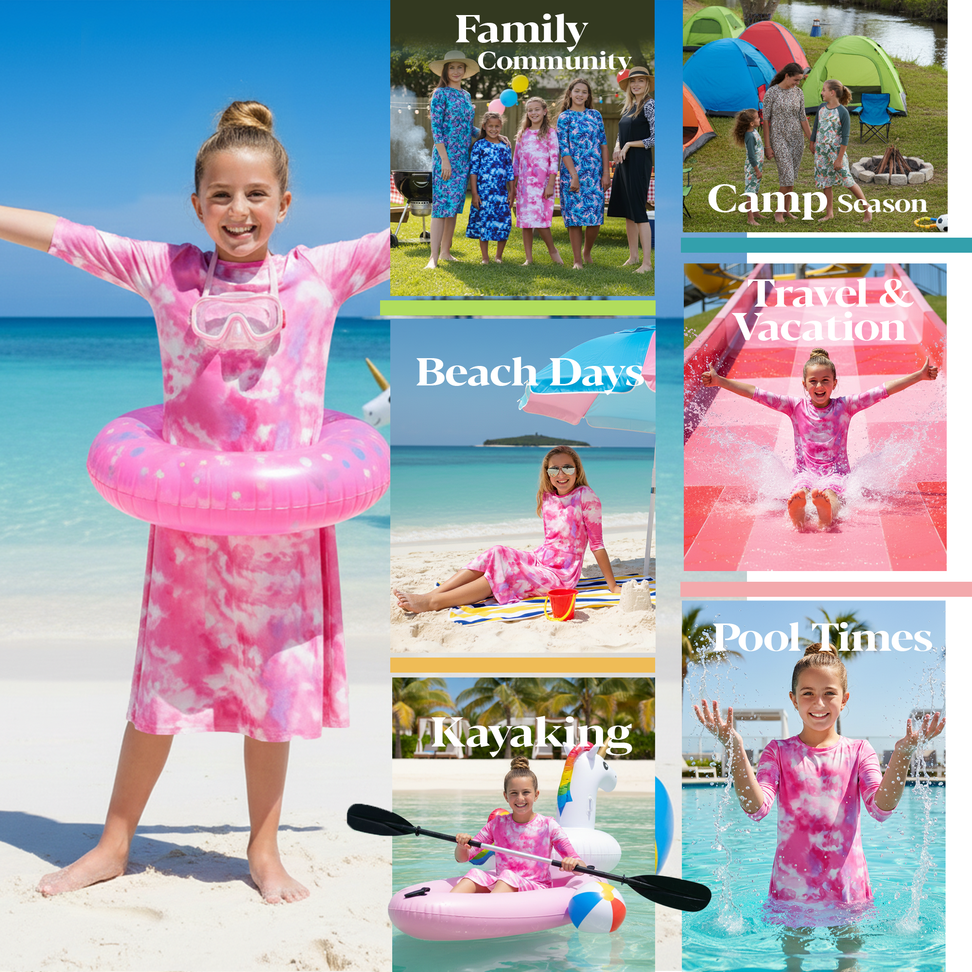 Girls Modest Tznius 3/4 Sleeve UPF 50+ Sun Protection bathing Suit Swimdress  (Batik in Pink Color )