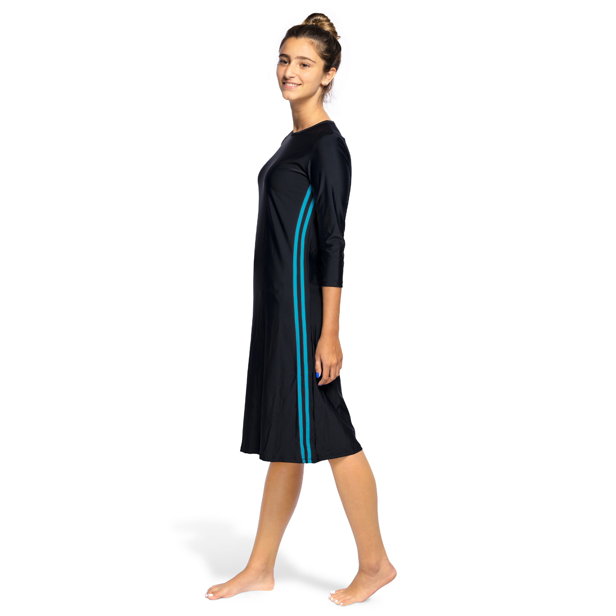 Woman Modest Tznius 3/4 Sleeve Athletic Swimdress Beach Cover up UPF 50+ Sun Protection (Reef in Black / Aqua)
