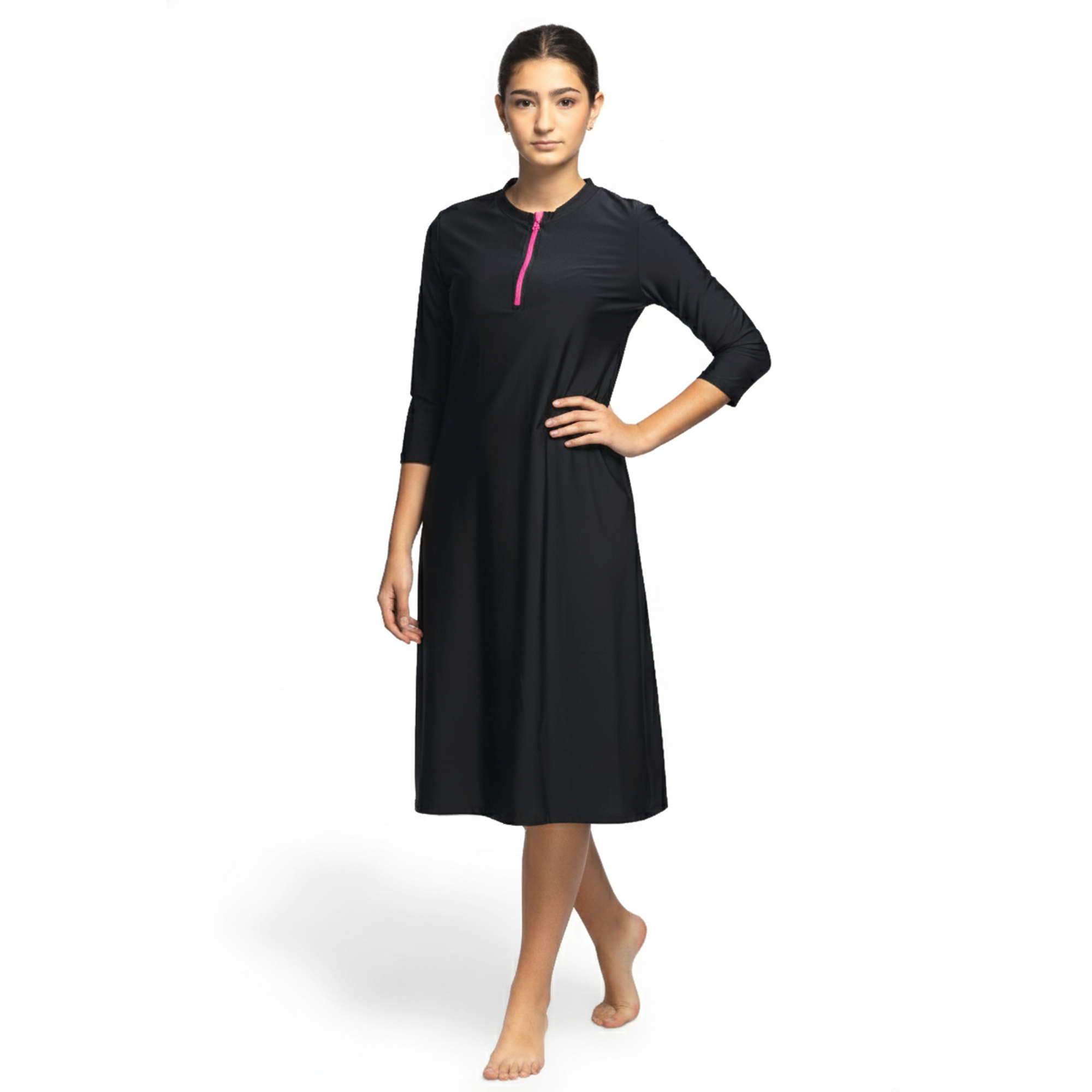 Woman Modest Tznius 3/4 Sleeve Athletic Swimdress Beach Cover up UPF 50+ Sun Protection (Bali in Black / Fuchsia Zipper )