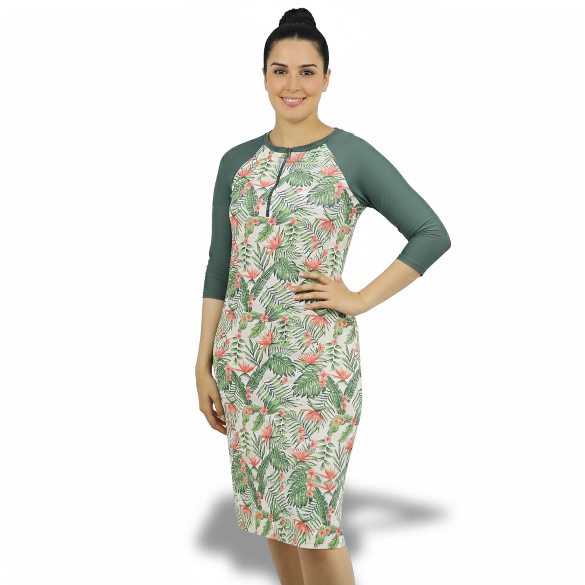 Woman Modest Tznius 3/4 Raglan Sleeve Athletic Swimdress Beach Cover up UPF 50+ Sun Protection (Acapulco in Color / Green sleeves)
