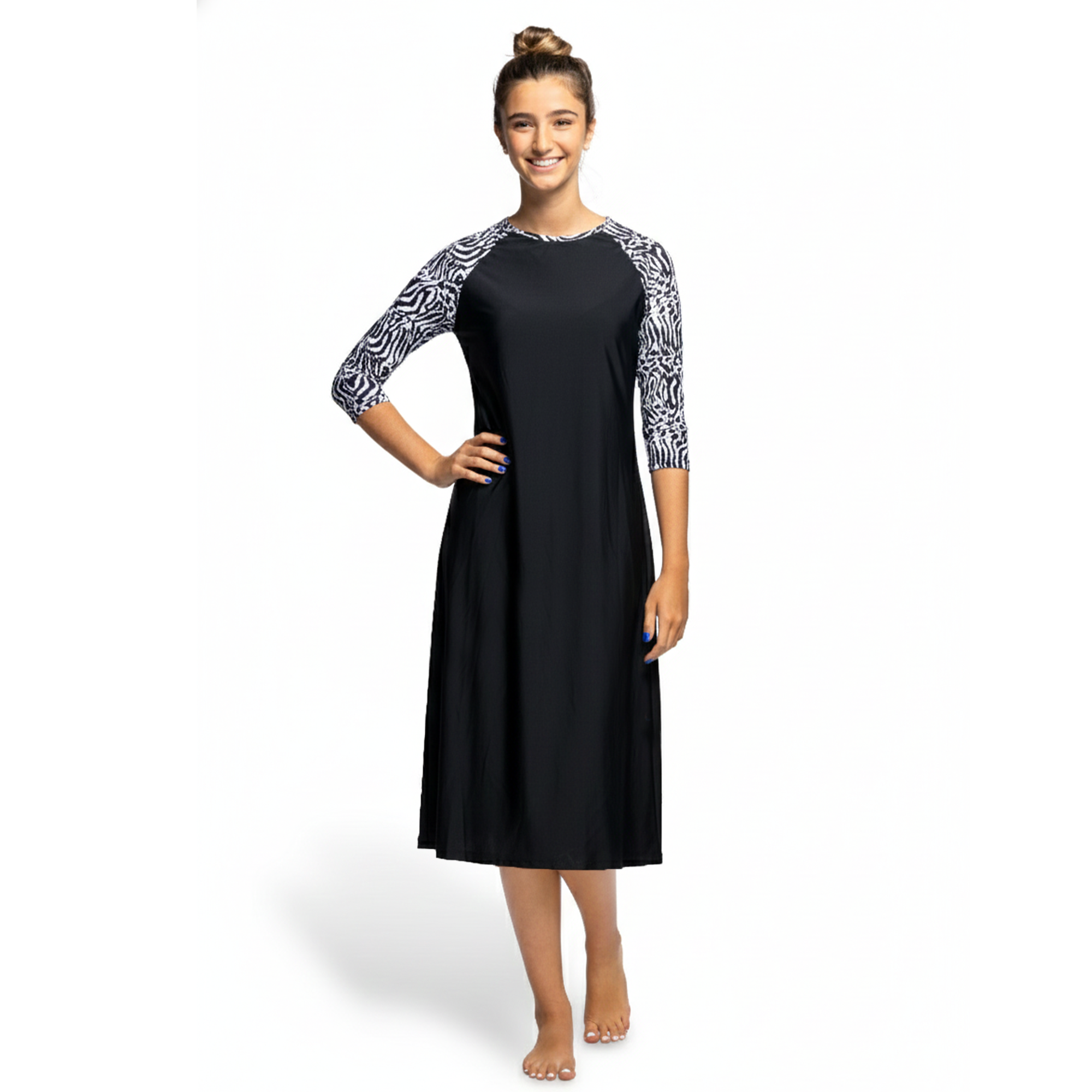 Woman Modest Tznius 3/4 Raglan Sleeve Athletic Swimdress Beach Cover up UPF 50+ Sun Protection (Aruba in Black / Zebra Sleeves)