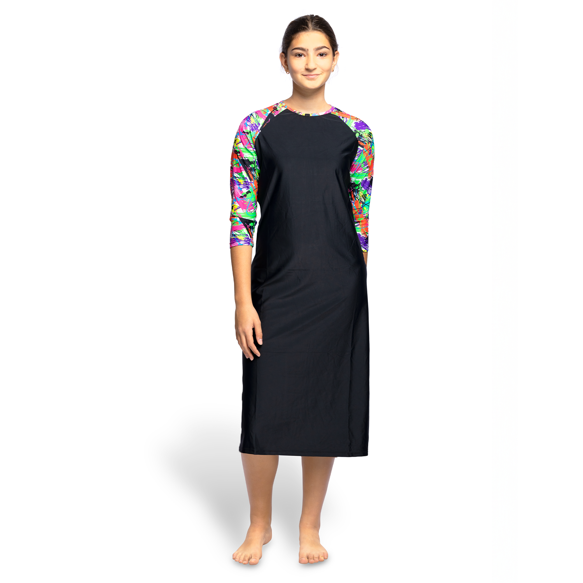 Woman Modest Tznius 3/4 Raglan Sleeve Athletic Swimdress Beach Cover up UPF 50+ Sun Protection (Aruba in Black / Color Splash Sleeves)