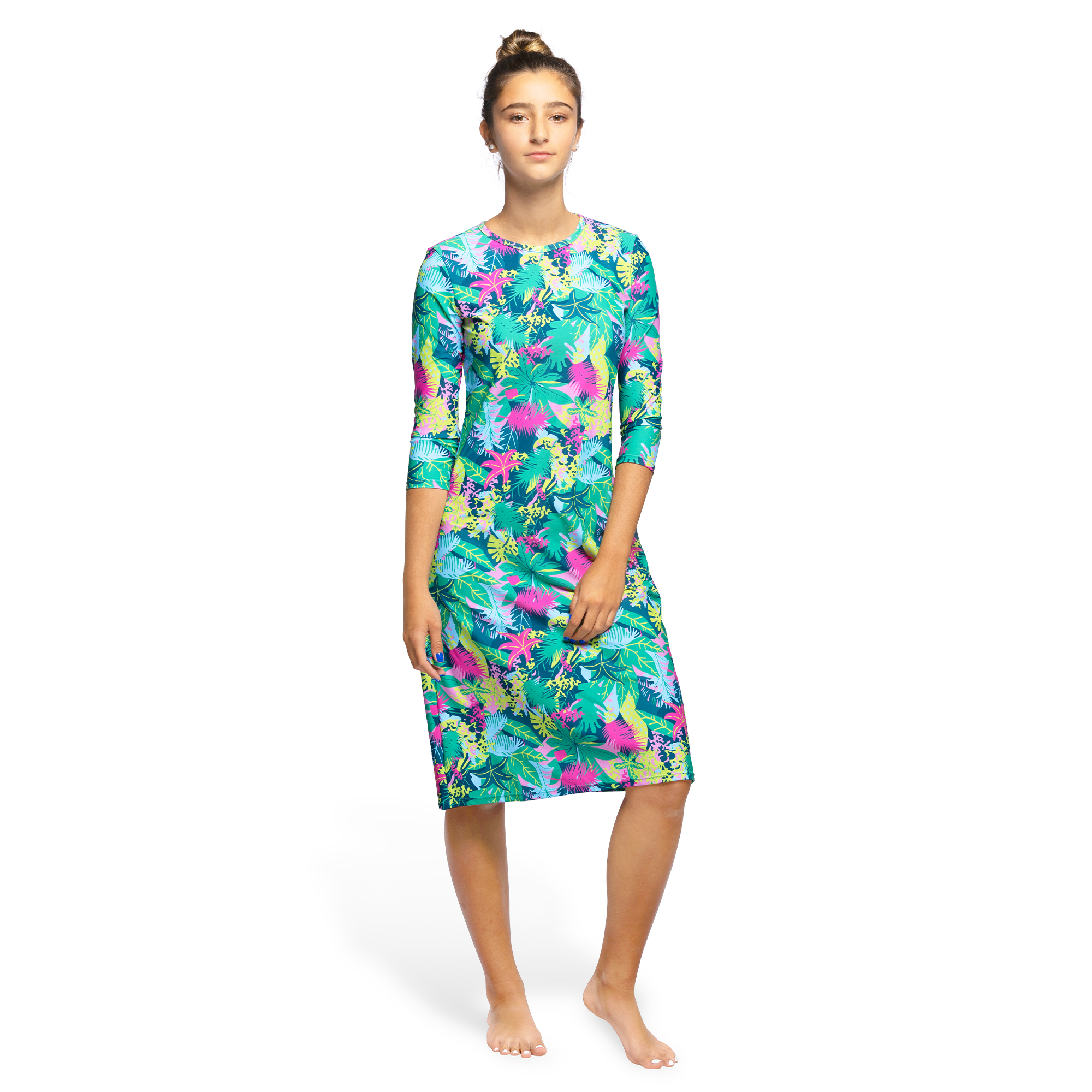 Woman Modest Tznius 3/4 Sleeves Athletic Swimdress Beach Cover up UPF 50+ Sun Protection (Amazonas Print )