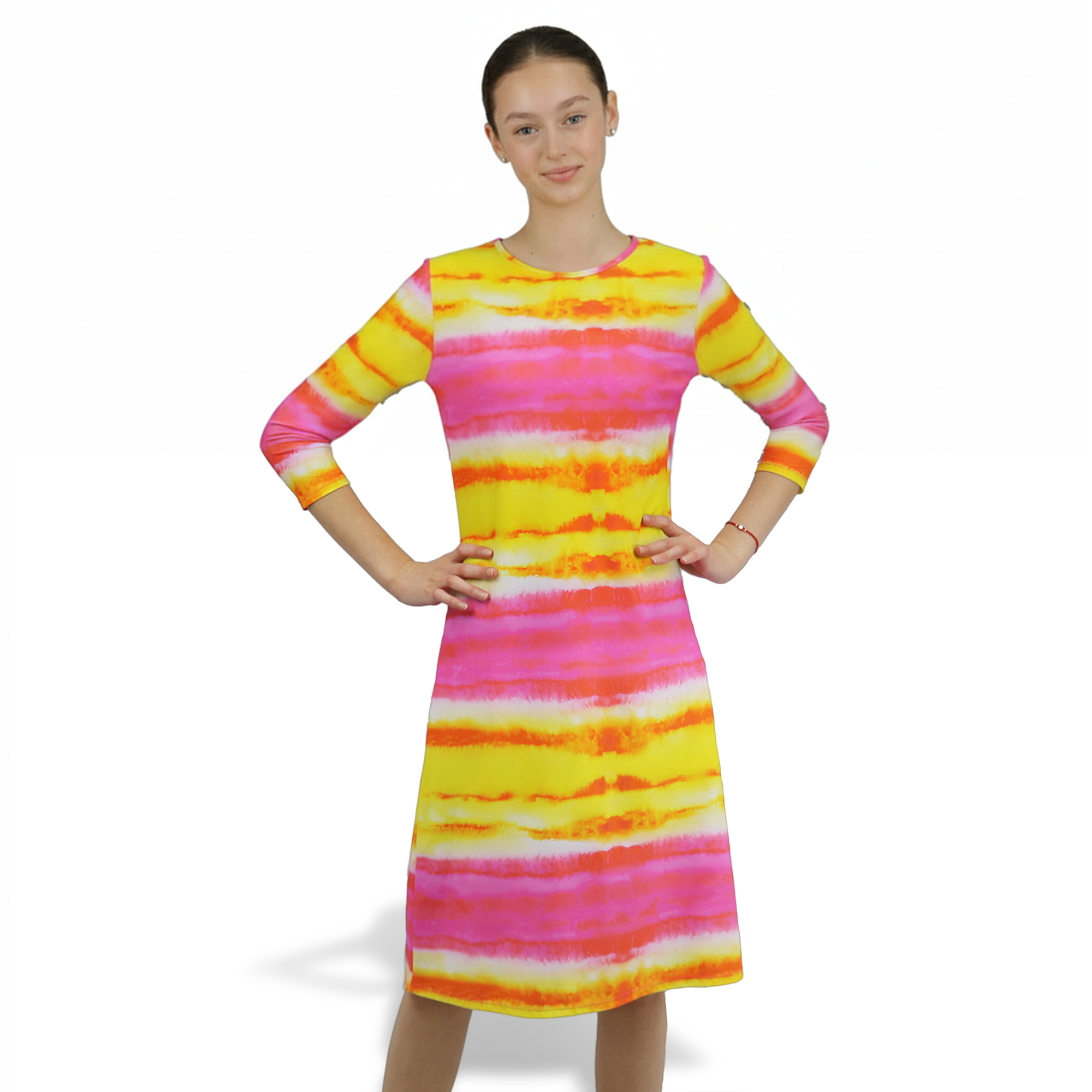 Woman Modest Tznius 3/4 Sleeve Athletic Swimdress Beach Cover up UPF 50+ Sun Protection ( Batik Yellow & Fuchsia)
