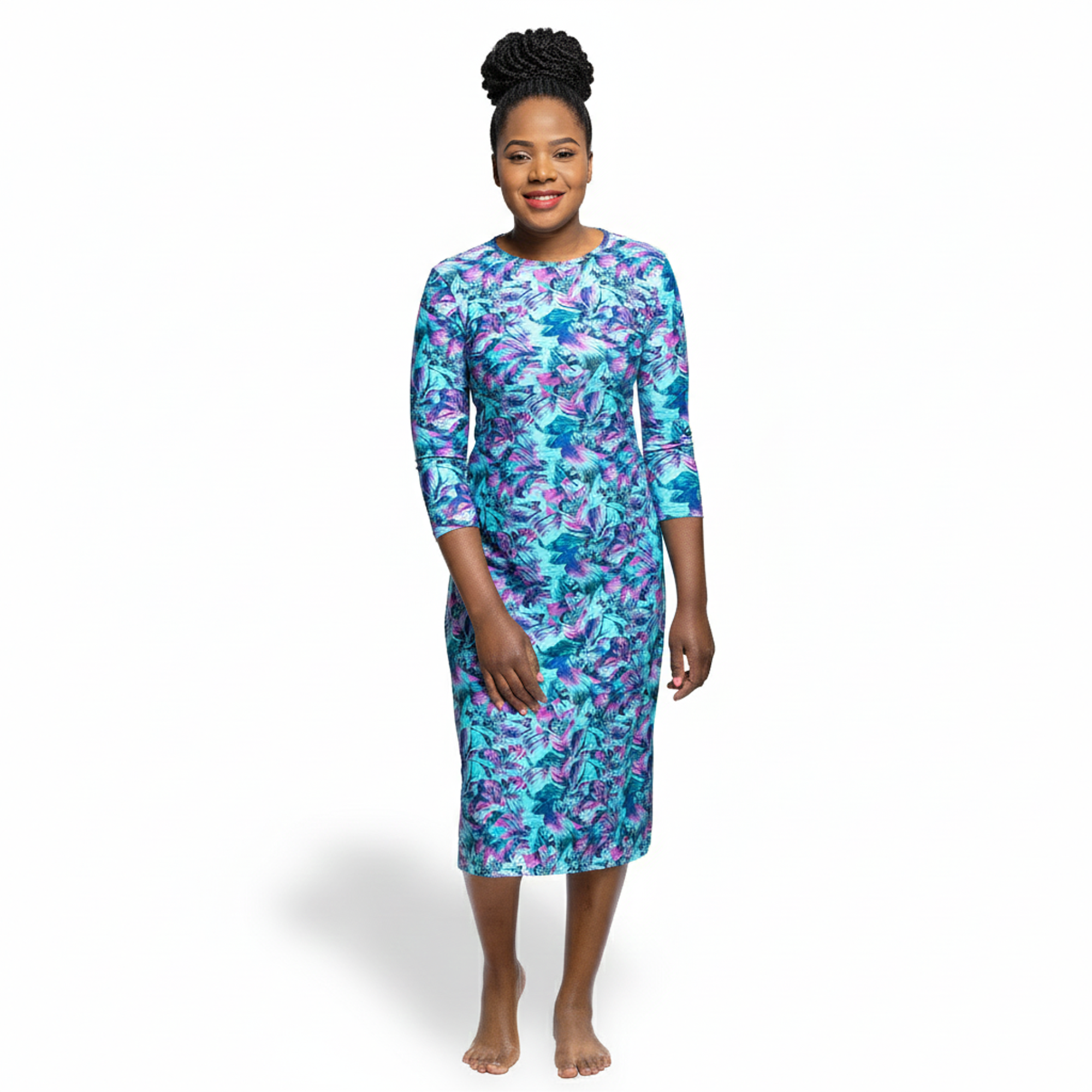 Woman Modest Tznius 3/4 Sleeve Athletic Swimdress Beach Cover up UPF 50+ Sun Protection (Bora Bora Print)
