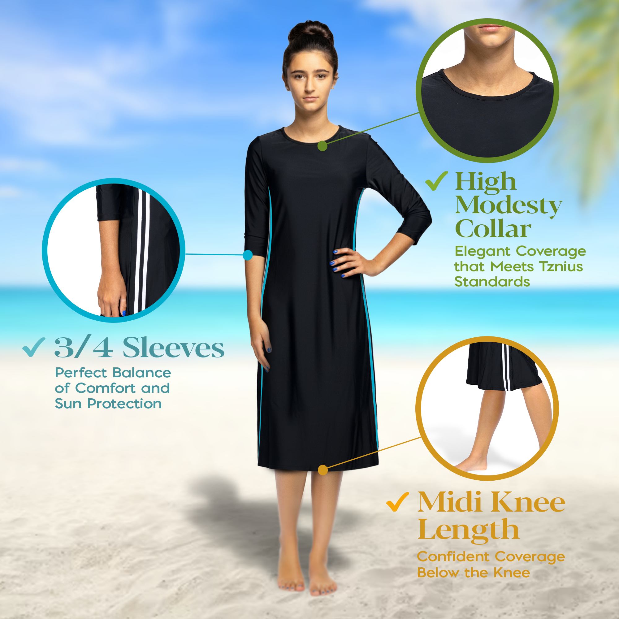 Woman Modest Tznius 3/4 Sleeve Athletic Swimdress Beach Cover up UPF 50+ Sun Protection (Reef in Black / Aqua)