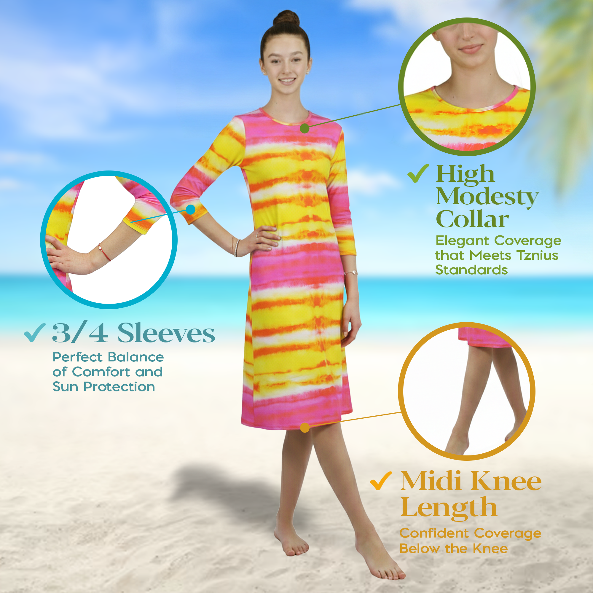 Woman Modest Tznius 3/4 Sleeve Athletic Swimdress Beach Cover up UPF 50+ Sun Protection ( Batik Yellow & Fuchsia)