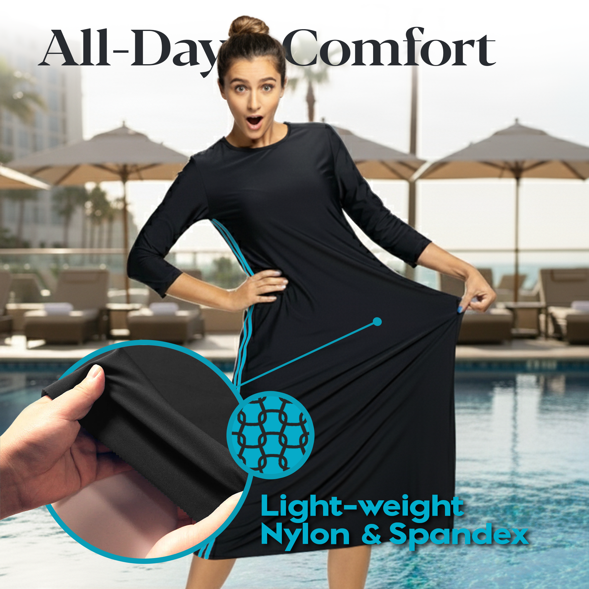Woman Modest Tznius 3/4 Sleeve Athletic Swimdress Beach Cover up UPF 50+ Sun Protection (Reef in Black / Aqua)