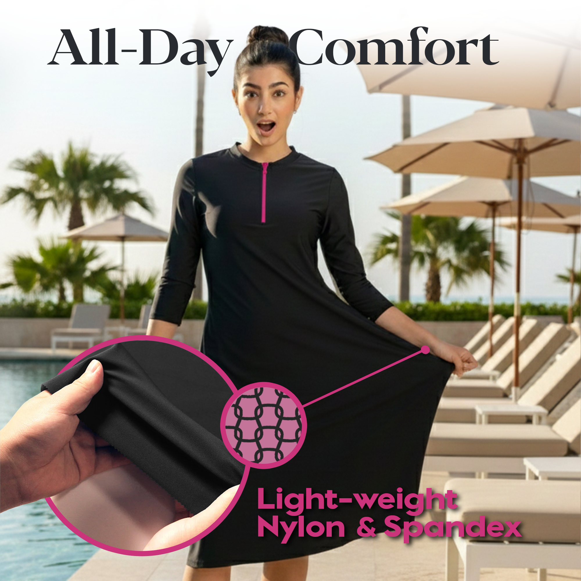Woman Modest Tznius 3/4 Sleeve Athletic Swimdress Beach Cover up UPF 50+ Sun Protection (Bali in Black / Fuchsia Zipper )