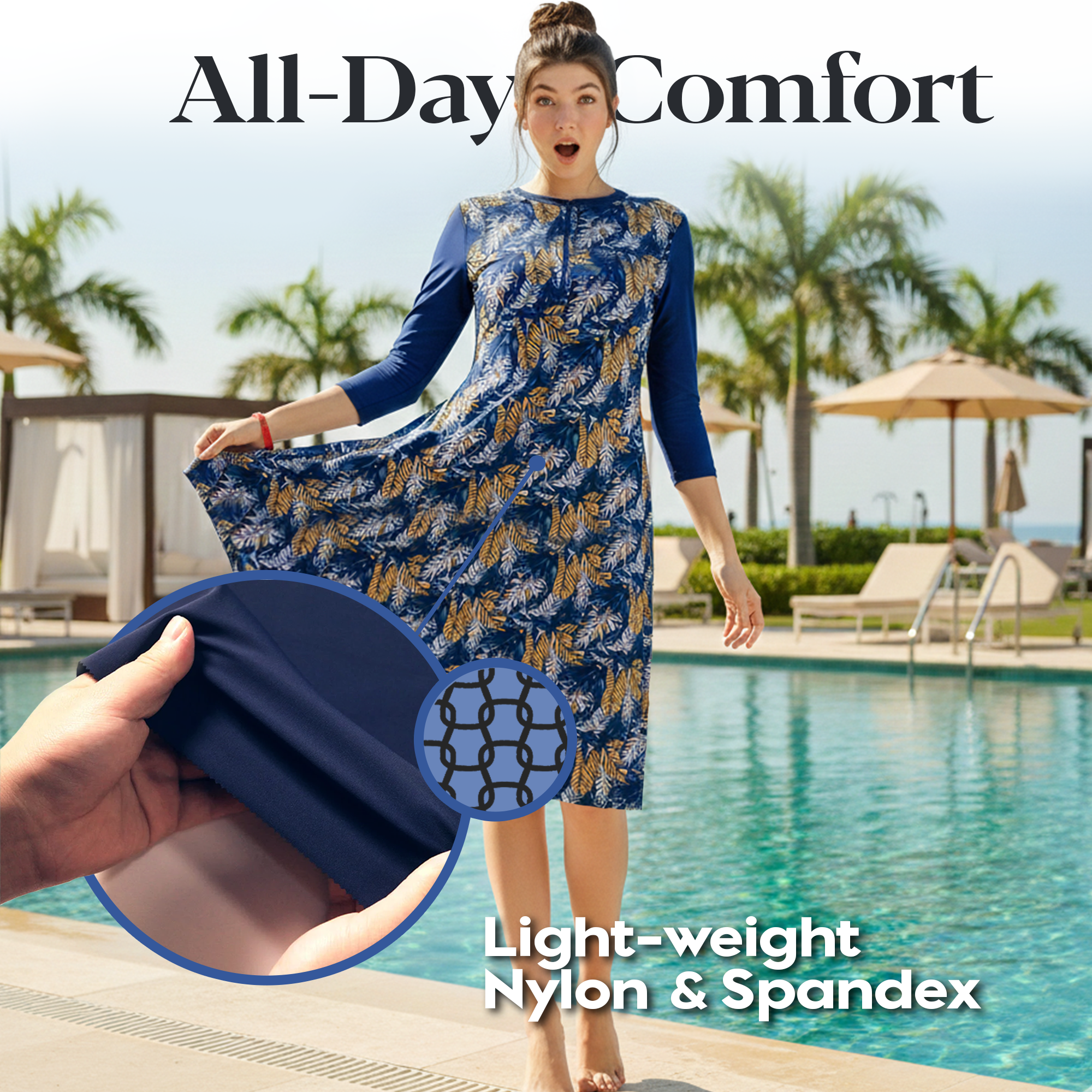 Woman Modest Tznius 3/4 Raglan Sleeve Athletic Swimdress Beach Cover up UPF 50+ Sun Protection (Monaco Print )