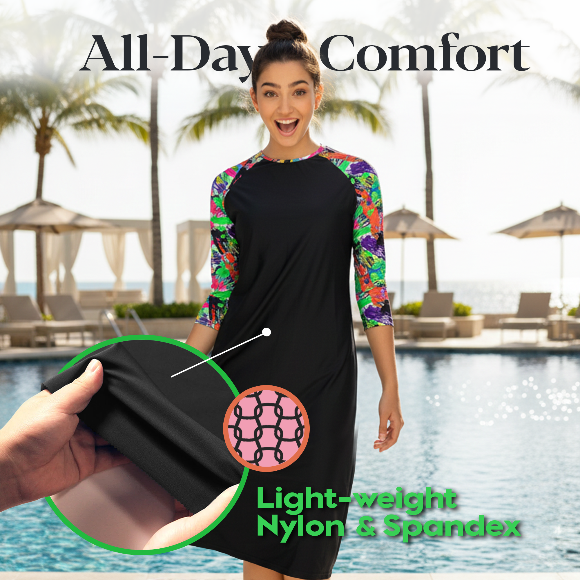 Woman Modest Tznius 3/4 Raglan Sleeve Athletic Swimdress Beach Cover up UPF 50+ Sun Protection (Aruba in Black / Color Splash Sleeves)