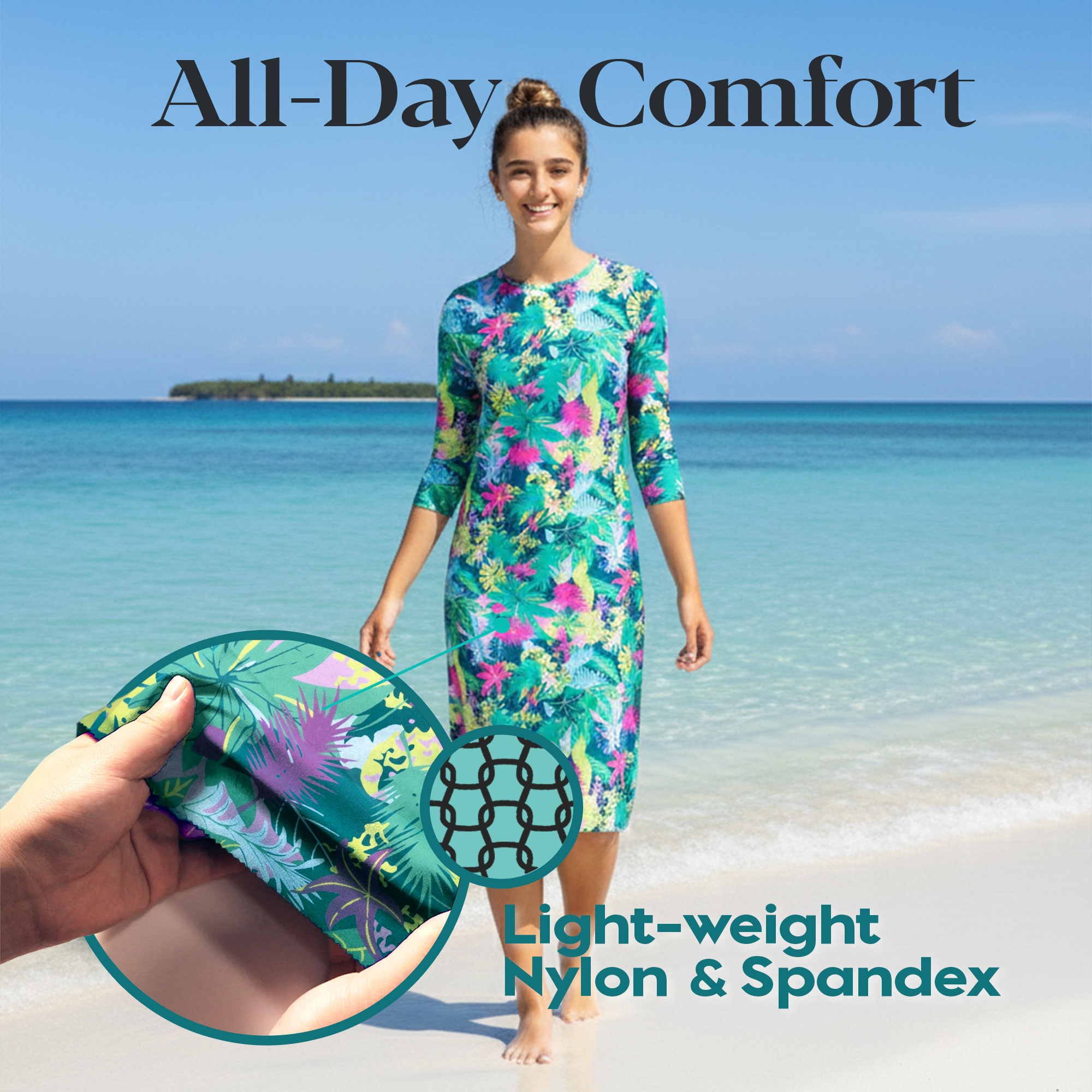 Woman Modest Tznius 3/4 Sleeves Athletic Swimdress Beach Cover up UPF 50+ Sun Protection (Amazonas Print )