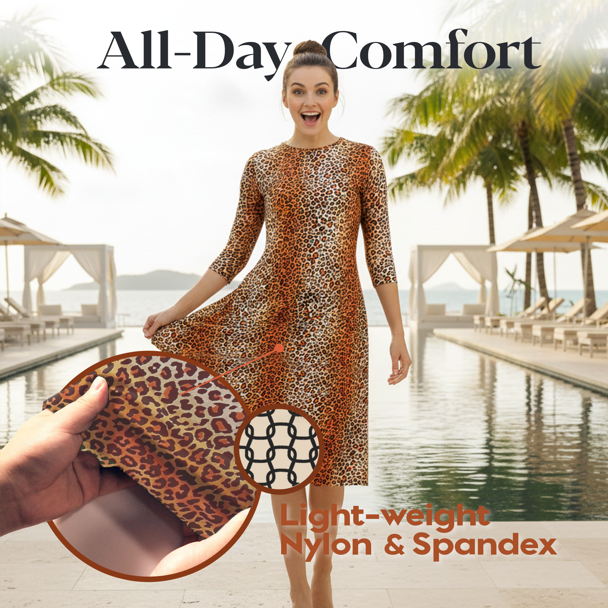 Woman Modest Tznius 3/4 Sleeves Athletic Swimdress Beach Cover up UPF 50+ Sun Protection (Animal Print )