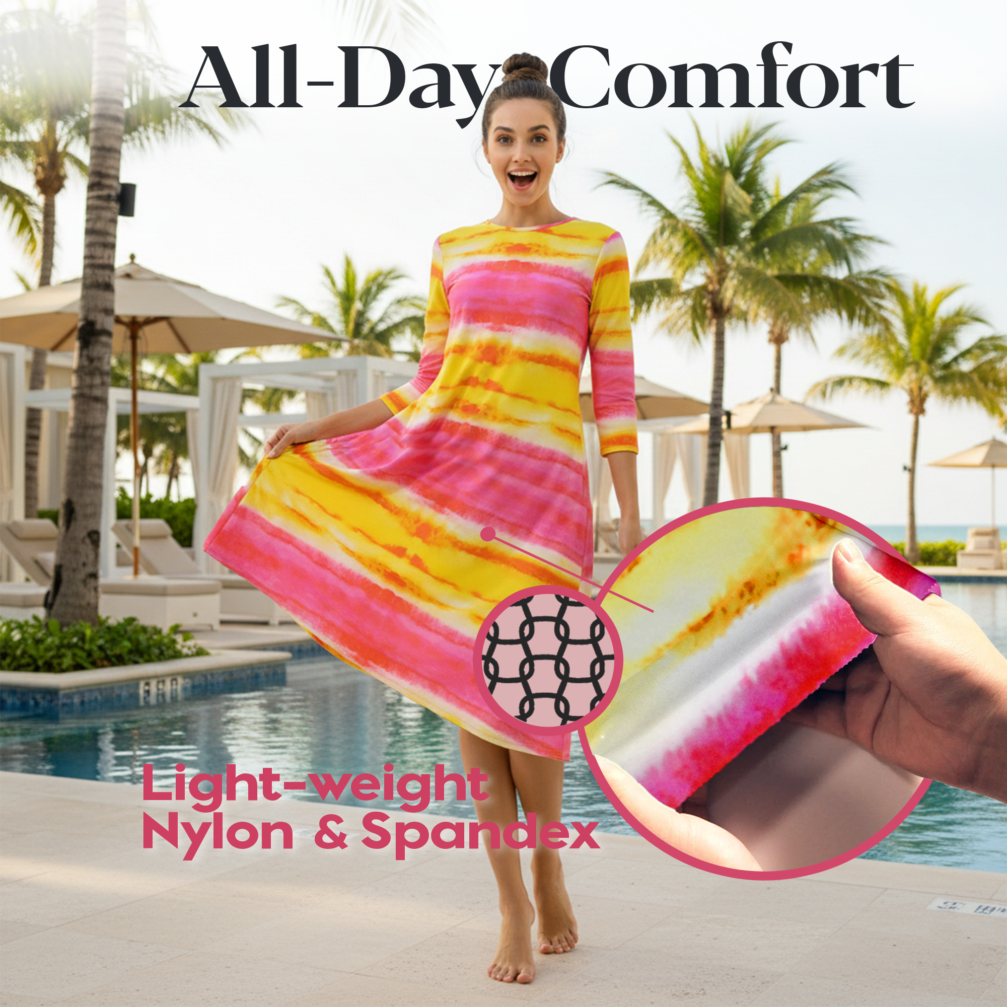 Woman Modest Tznius 3/4 Sleeve Athletic Swimdress Beach Cover up UPF 50+ Sun Protection ( Batik Yellow & Fuchsia)