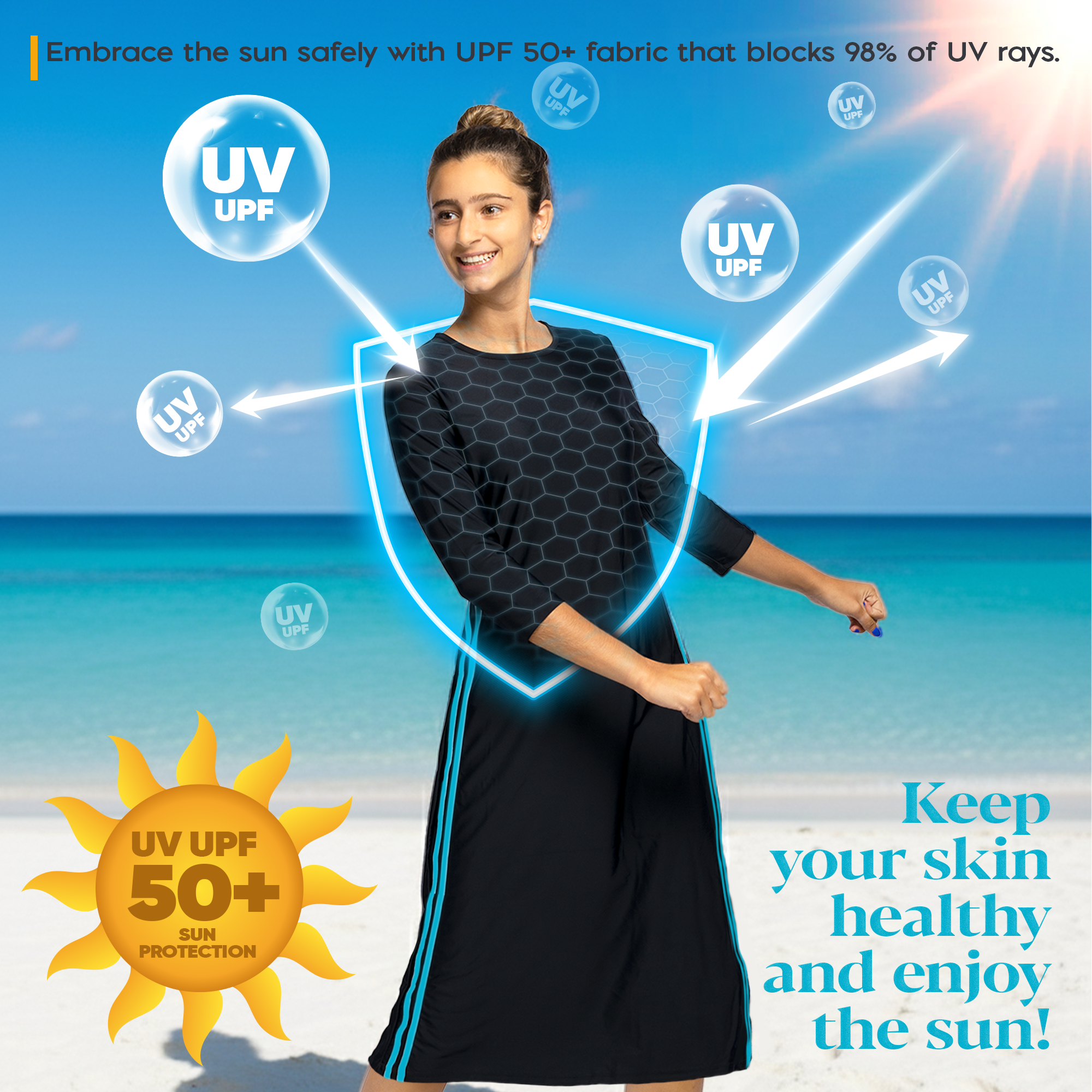 Woman Modest Tznius 3/4 Sleeve Athletic Swimdress Beach Cover up UPF 50+ Sun Protection (Reef in Black / Aqua)