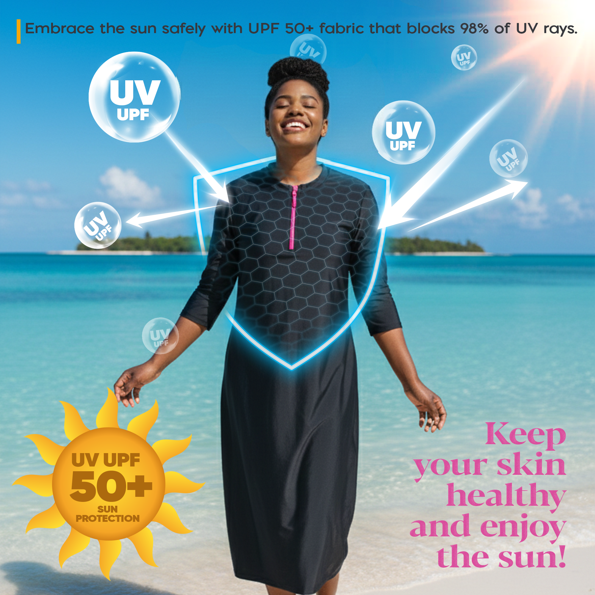 Woman Modest Tznius 3/4 Sleeve Athletic Swimdress Beach Cover up UPF 50+ Sun Protection (Bali in Black / Fuchsia Zipper )