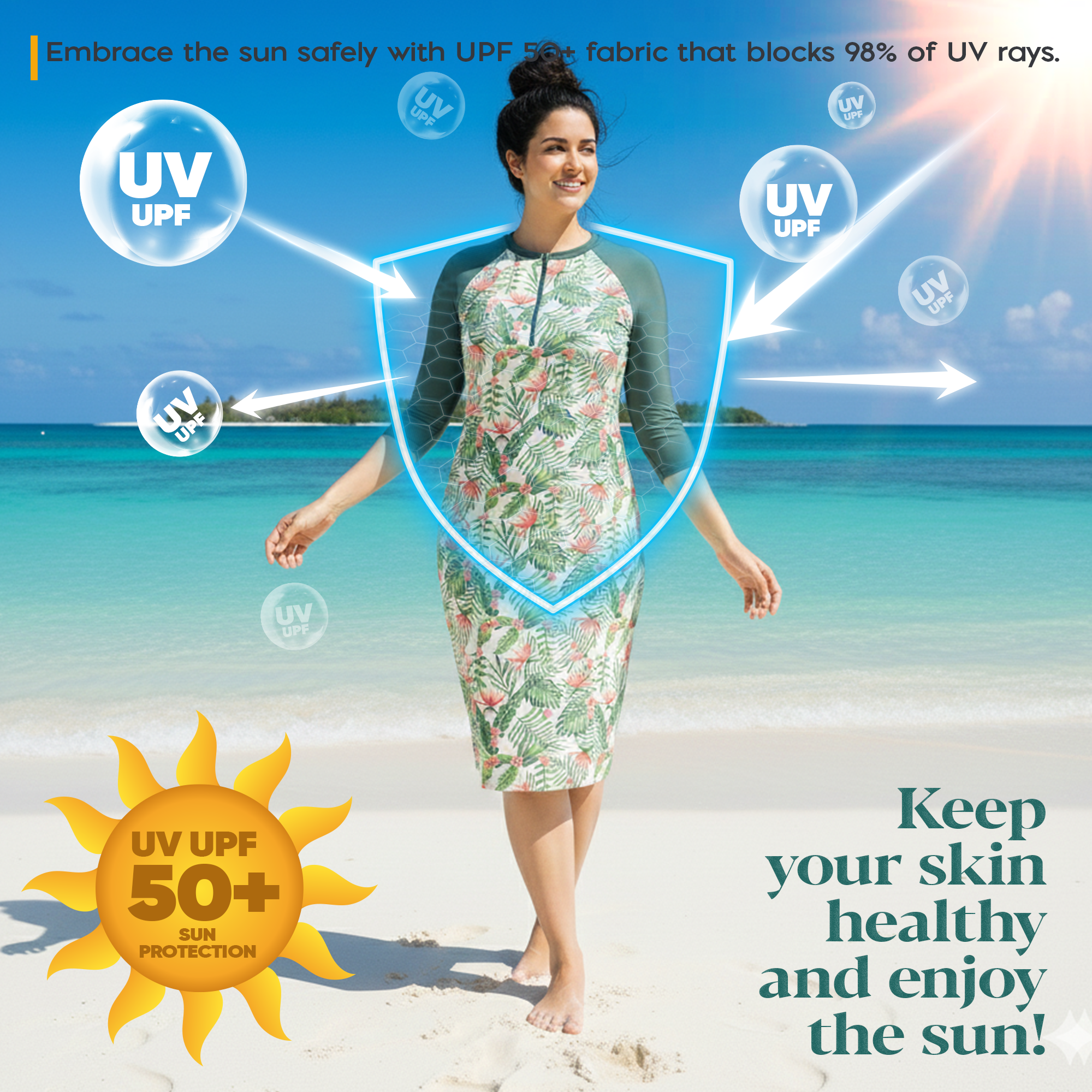 Woman Modest Tznius 3/4 Raglan Sleeve Athletic Swimdress Beach Cover up UPF 50+ Sun Protection (Acapulco in Color / Green sleeves)