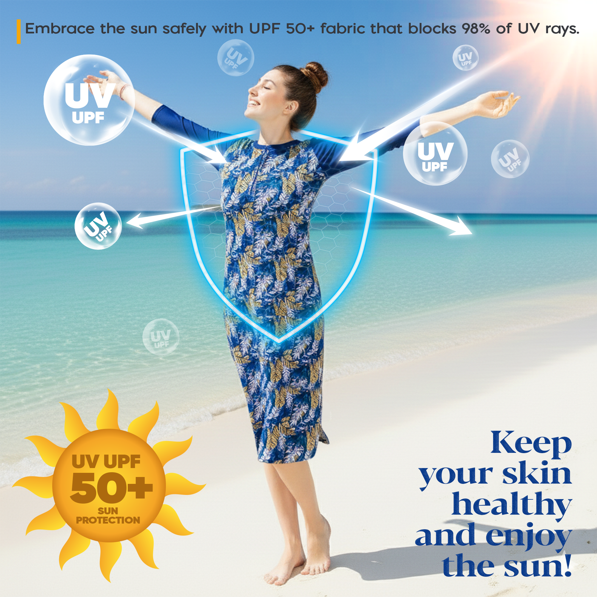Woman Modest Tznius 3/4 Raglan Sleeve Athletic Swimdress Beach Cover up UPF 50+ Sun Protection (Monaco Print )