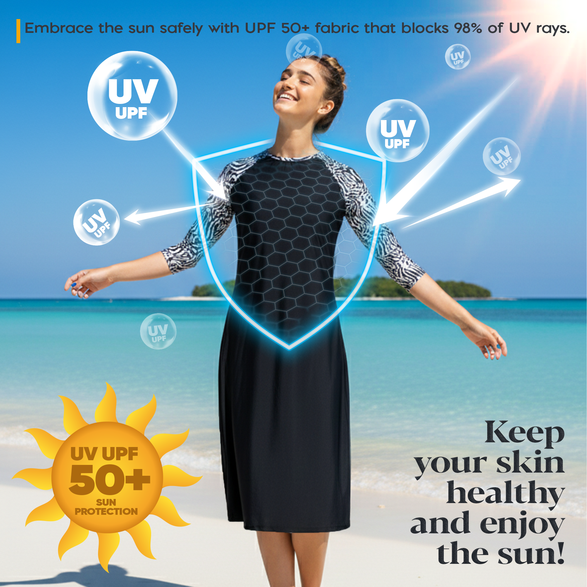 Woman Modest Tznius 3/4 Raglan Sleeve Athletic Swimdress Beach Cover up UPF 50+ Sun Protection (Aruba in Black / Zebra Sleeves)