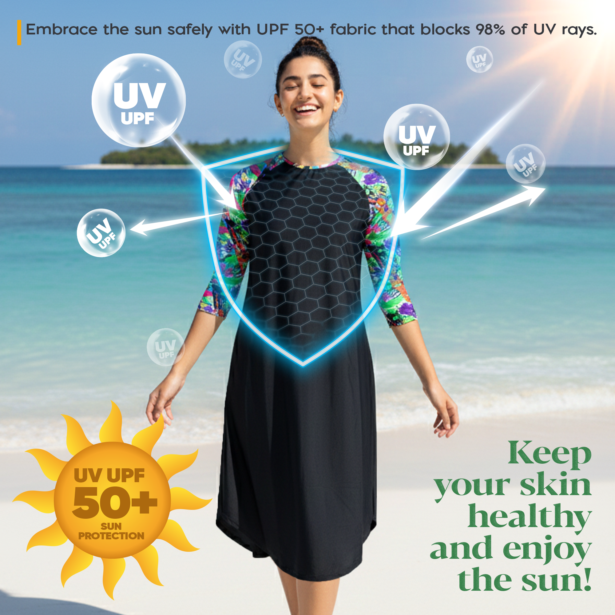 Woman Modest Tznius 3/4 Raglan Sleeve Athletic Swimdress Beach Cover up UPF 50+ Sun Protection (Aruba in Black / Color Splash Sleeves)