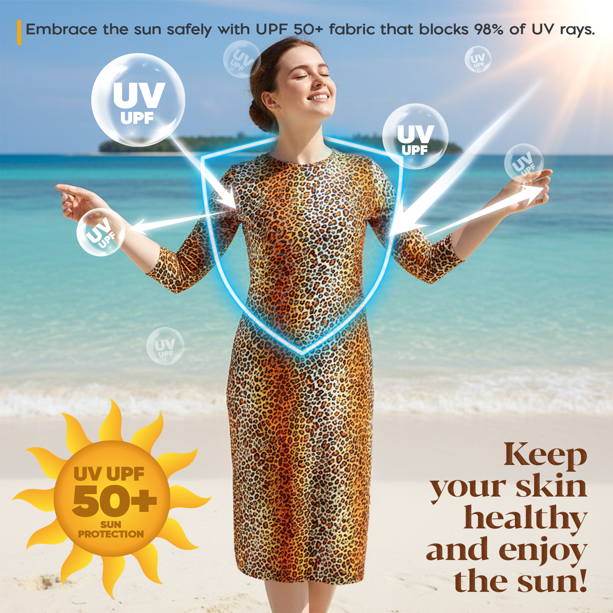 Woman Modest Tznius 3/4 Sleeves Athletic Swimdress Beach Cover up UPF 50+ Sun Protection (Animal Print )