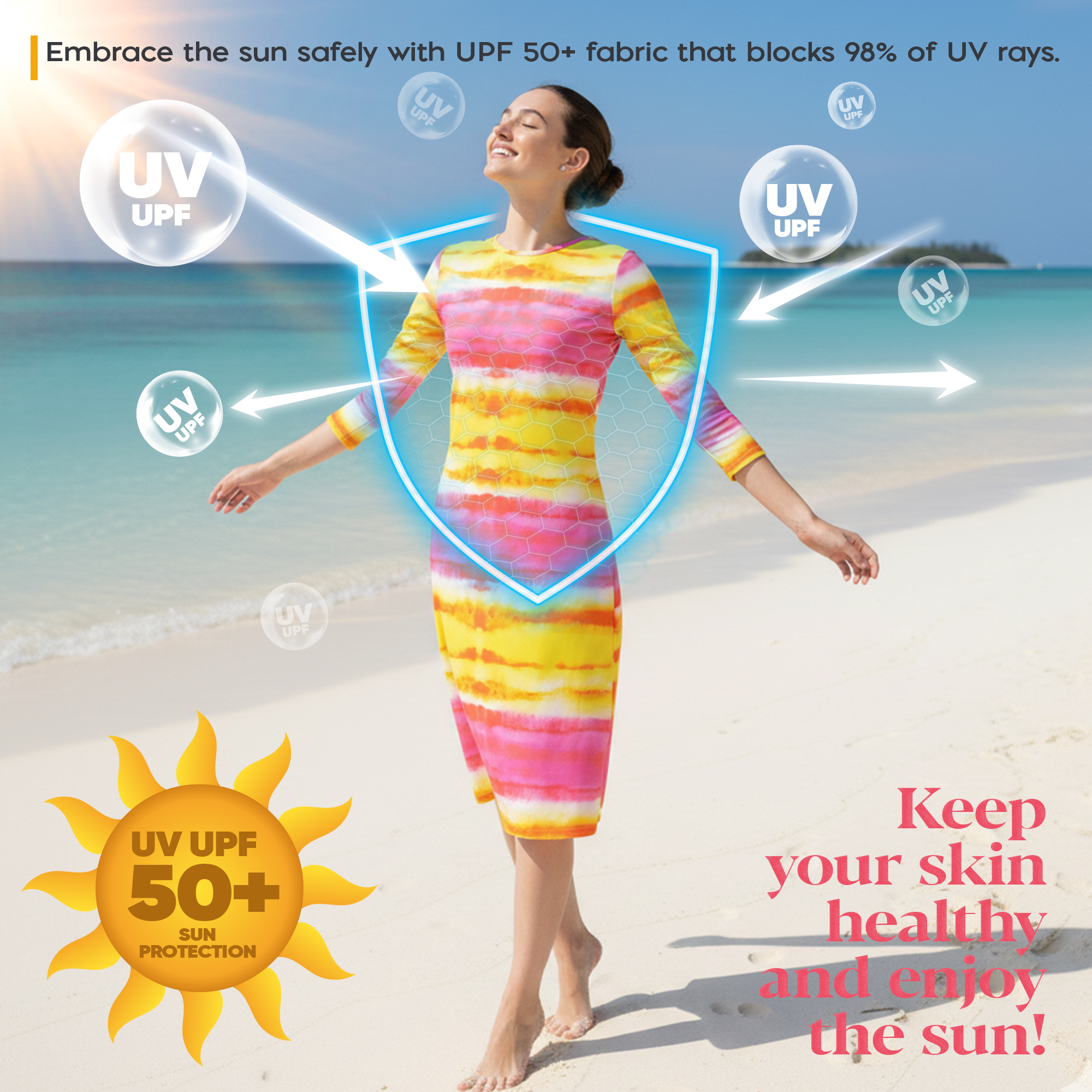 Woman Modest Tznius 3/4 Sleeve Athletic Swimdress Beach Cover up UPF 50+ Sun Protection ( Batik Yellow & Fuchsia)