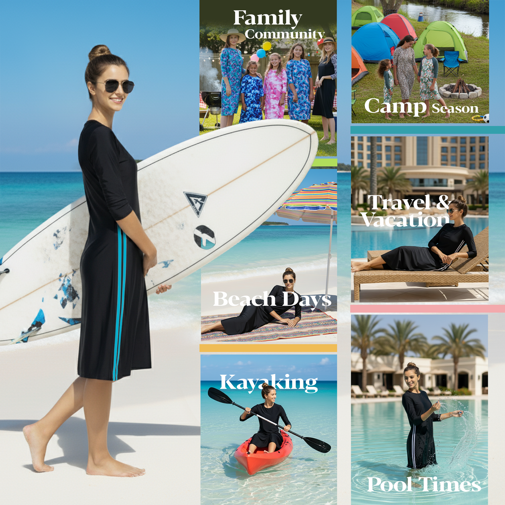 Woman Modest Tznius 3/4 Sleeve Athletic Swimdress Beach Cover up UPF 50+ Sun Protection (Reef in Black / Aqua)