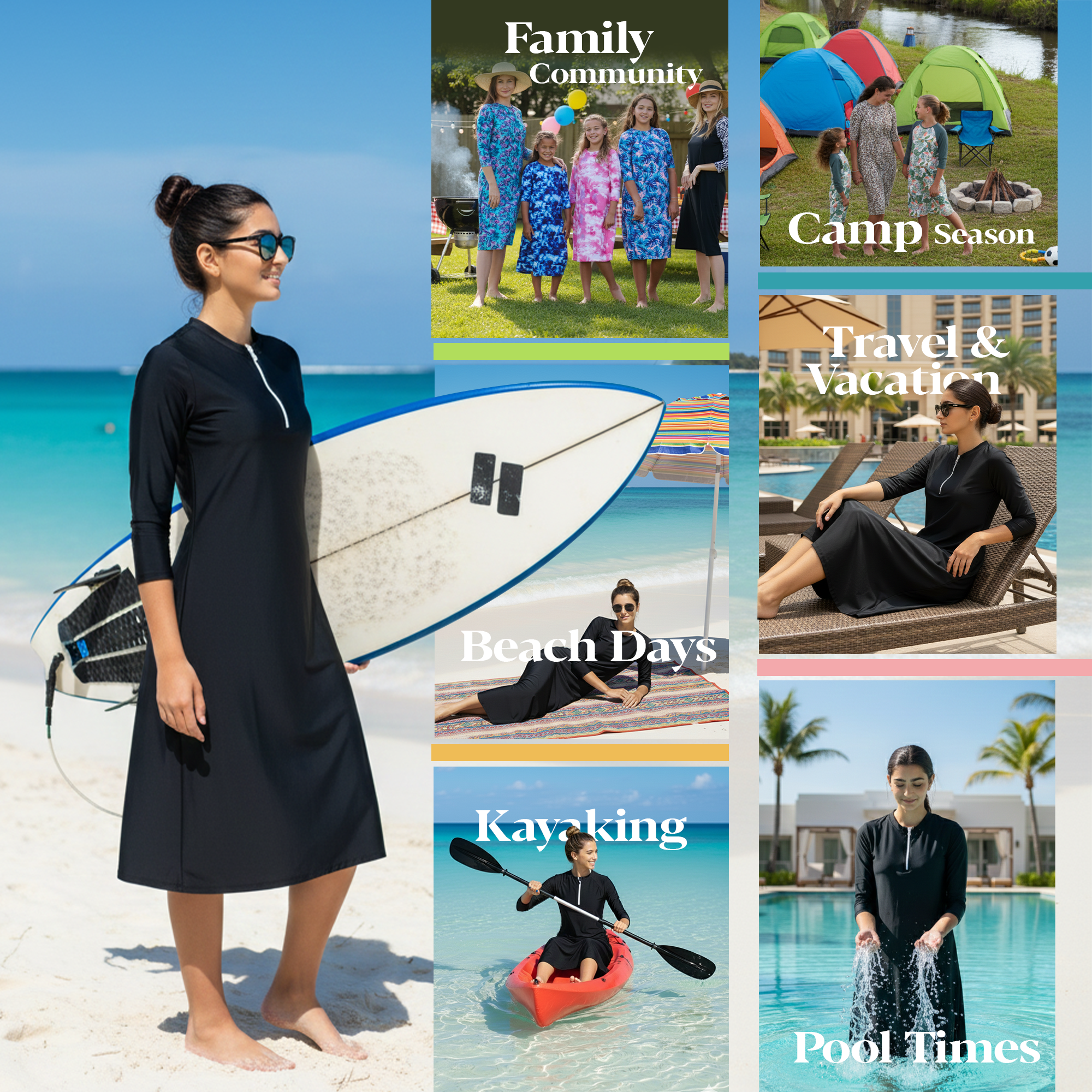 Woman Modest Tznius 3/4 Sleeve Athletic Swimdress Beach Cover up UPF 50+ Sun Protection (Bali in Black / White Zipper)