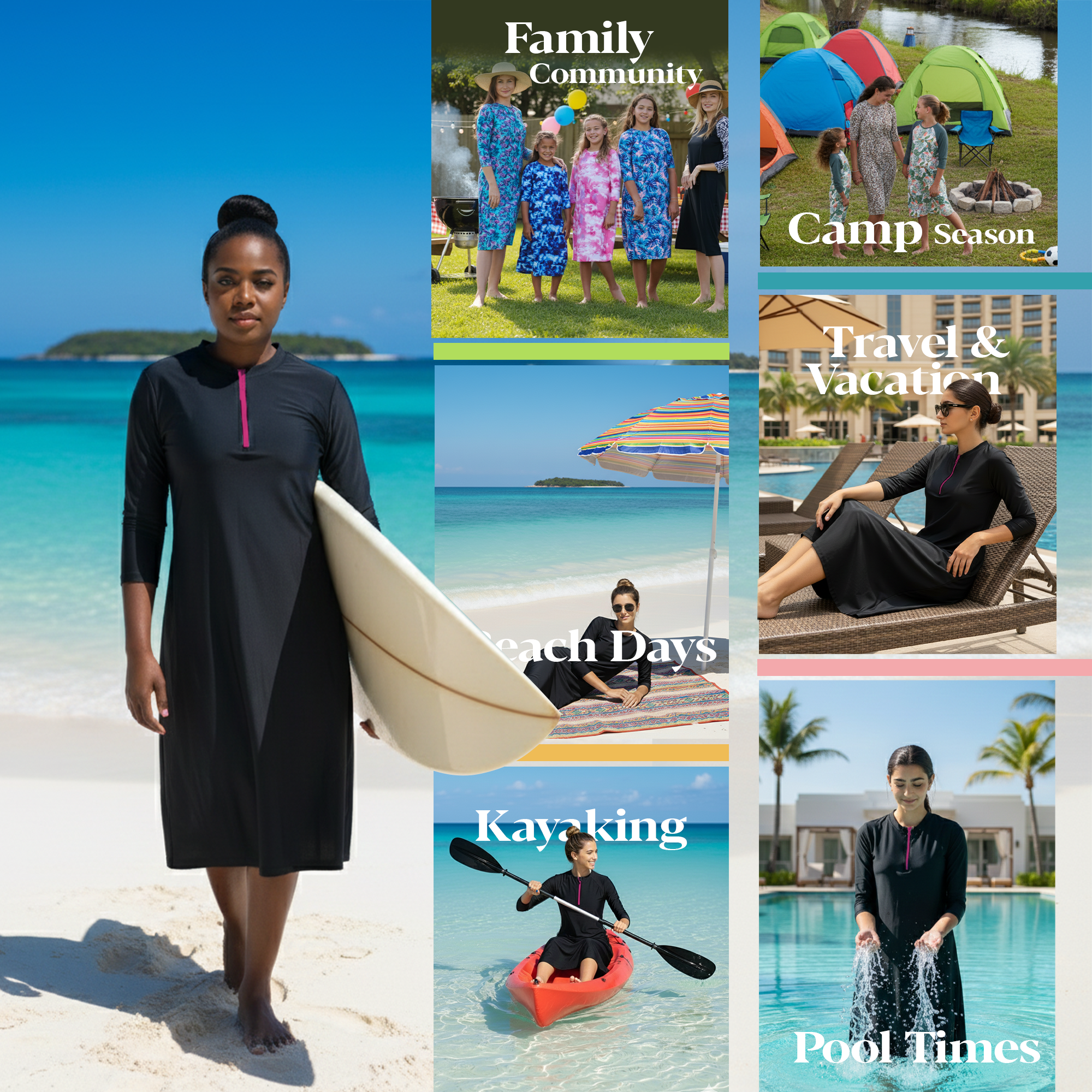 Woman Modest Tznius 3/4 Sleeve Athletic Swimdress Beach Cover up UPF 50+ Sun Protection (Bali in Black / Fuchsia Zipper )