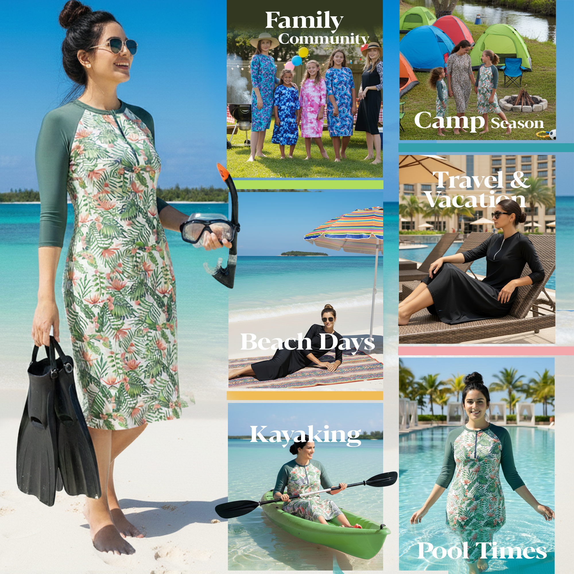 Woman Modest Tznius 3/4 Raglan Sleeve Athletic Swimdress Beach Cover up UPF 50+ Sun Protection (Acapulco in Color / Green sleeves)