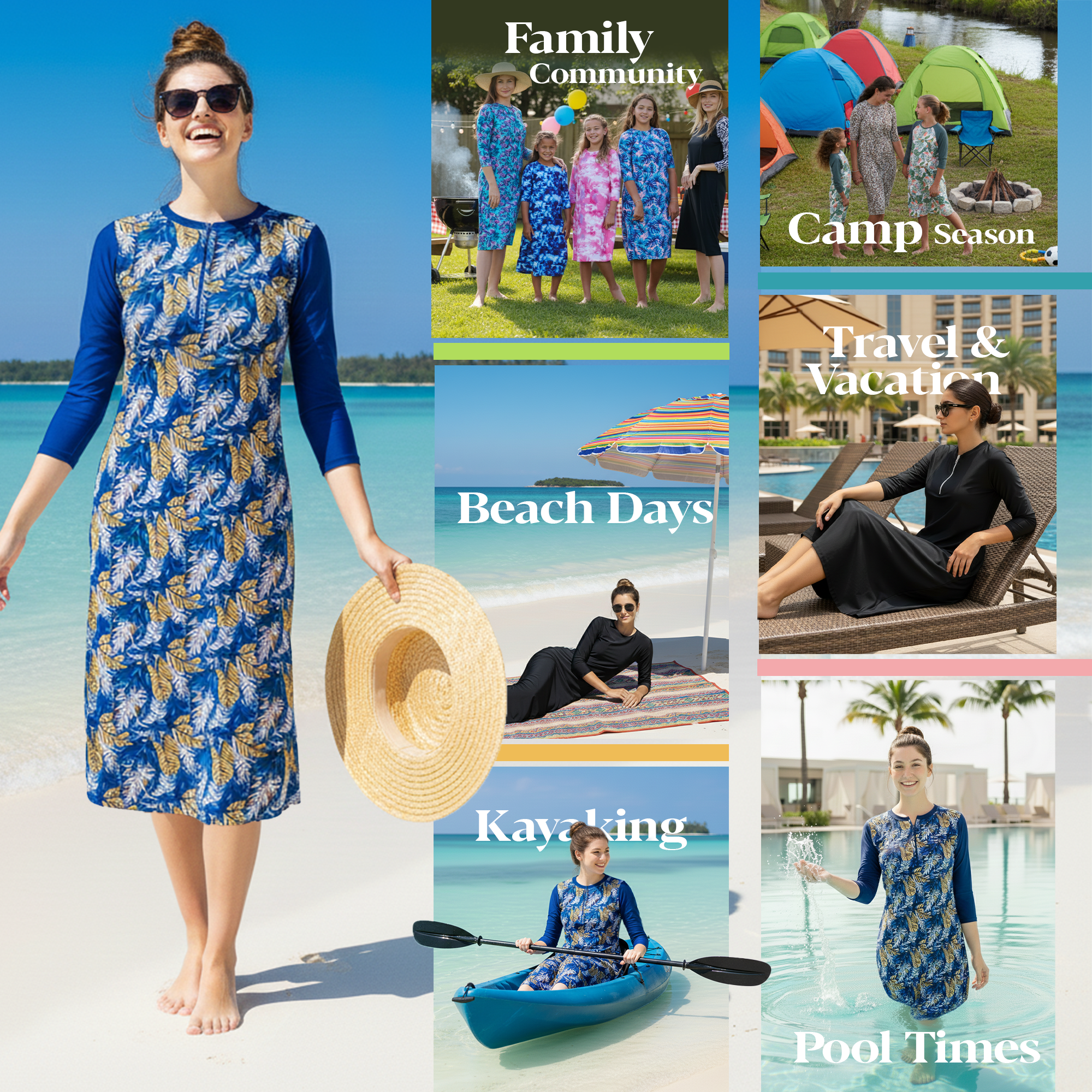 Woman Modest Tznius 3/4 Raglan Sleeve Athletic Swimdress Beach Cover up UPF 50+ Sun Protection (Monaco Print )