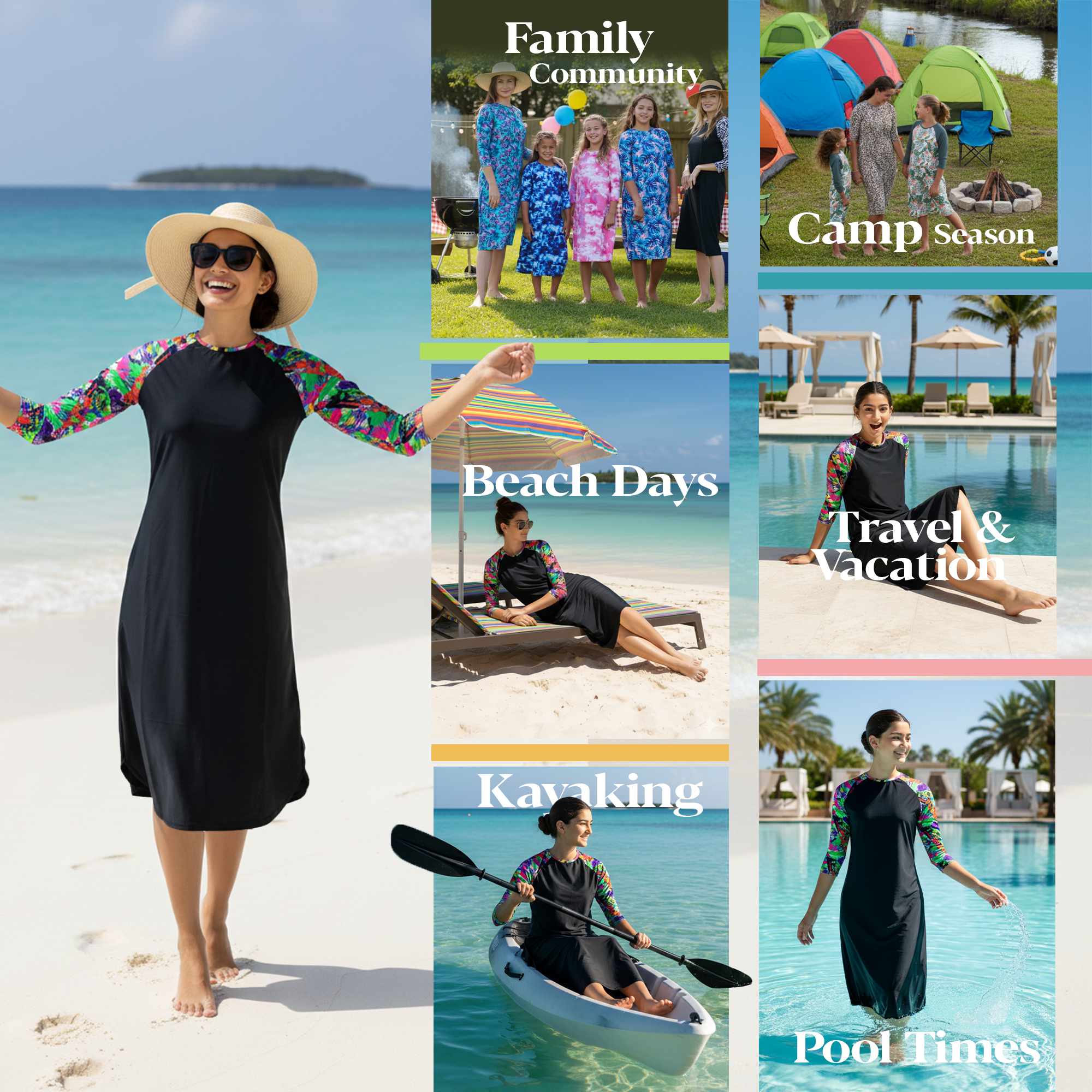 Woman Modest Tznius 3/4 Raglan Sleeve Athletic Swimdress Beach Cover up UPF 50+ Sun Protection (Aruba in Black / Color Splash Sleeves)