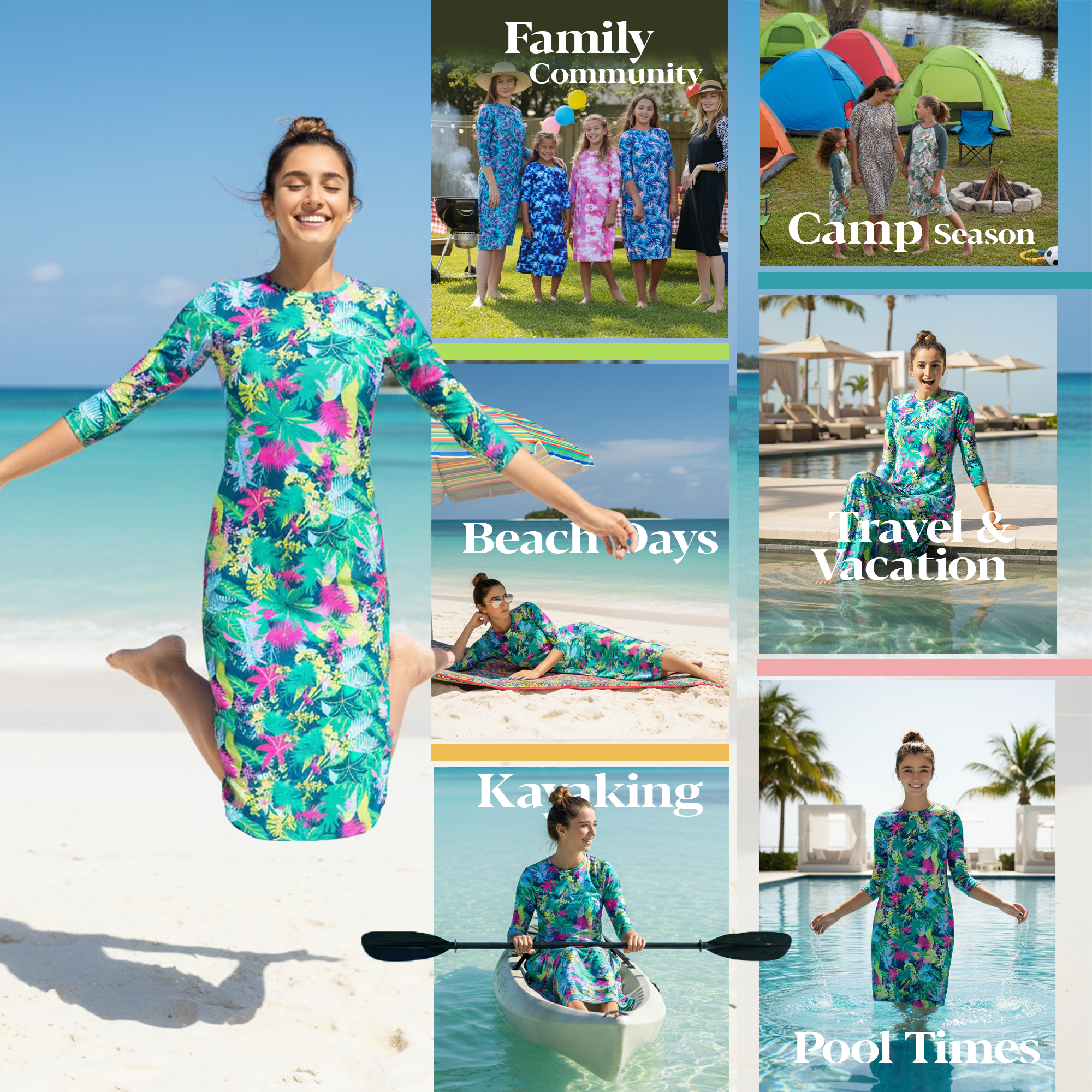 Woman Modest Tznius 3/4 Sleeves Athletic Swimdress Beach Cover up UPF 50+ Sun Protection (Amazonas Print )