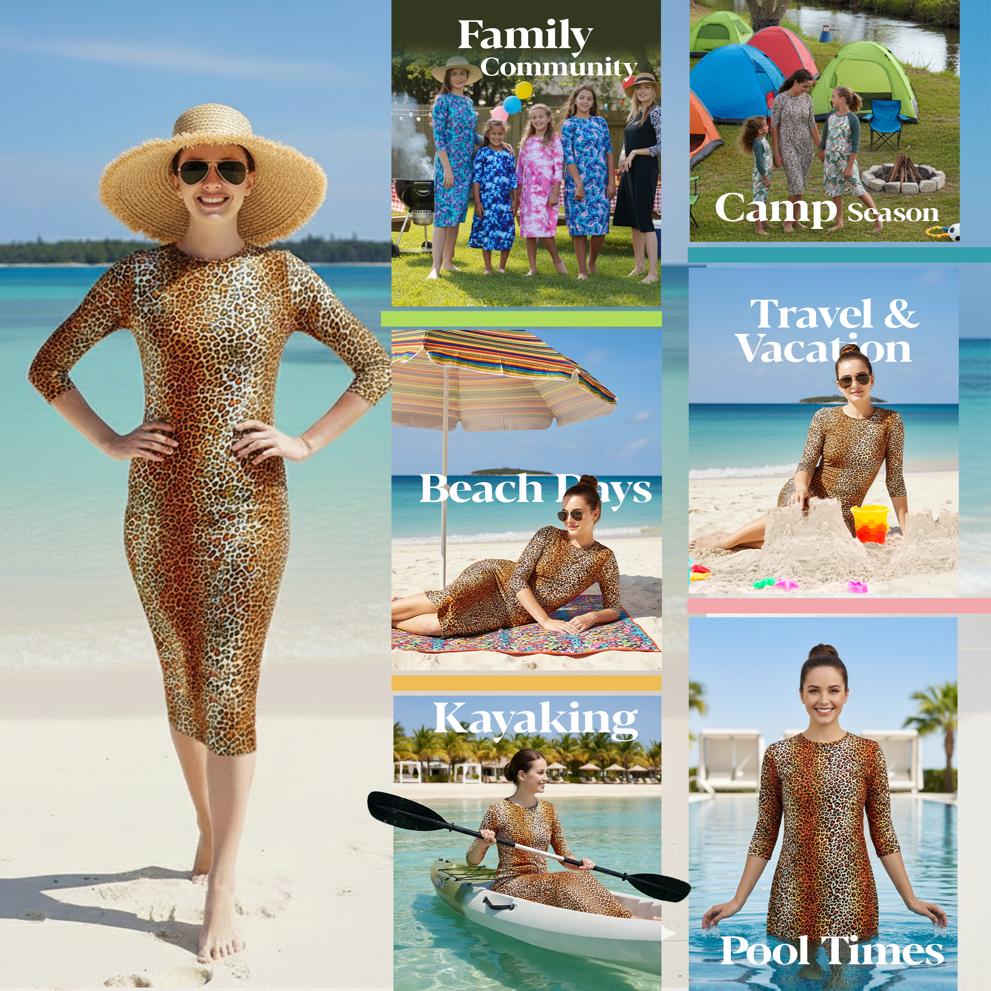 Woman Modest Tznius 3/4 Sleeves Athletic Swimdress Beach Cover up UPF 50+ Sun Protection (Animal Print )