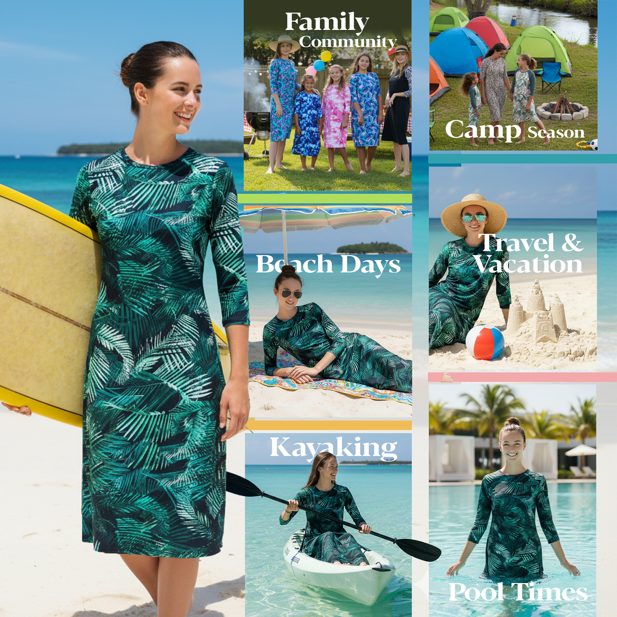 Woman Modest Tznius 3/4 Sleeve Athletic Swimdress Beach Cover up UPF 50+ Sun Protection (Santorini Print )