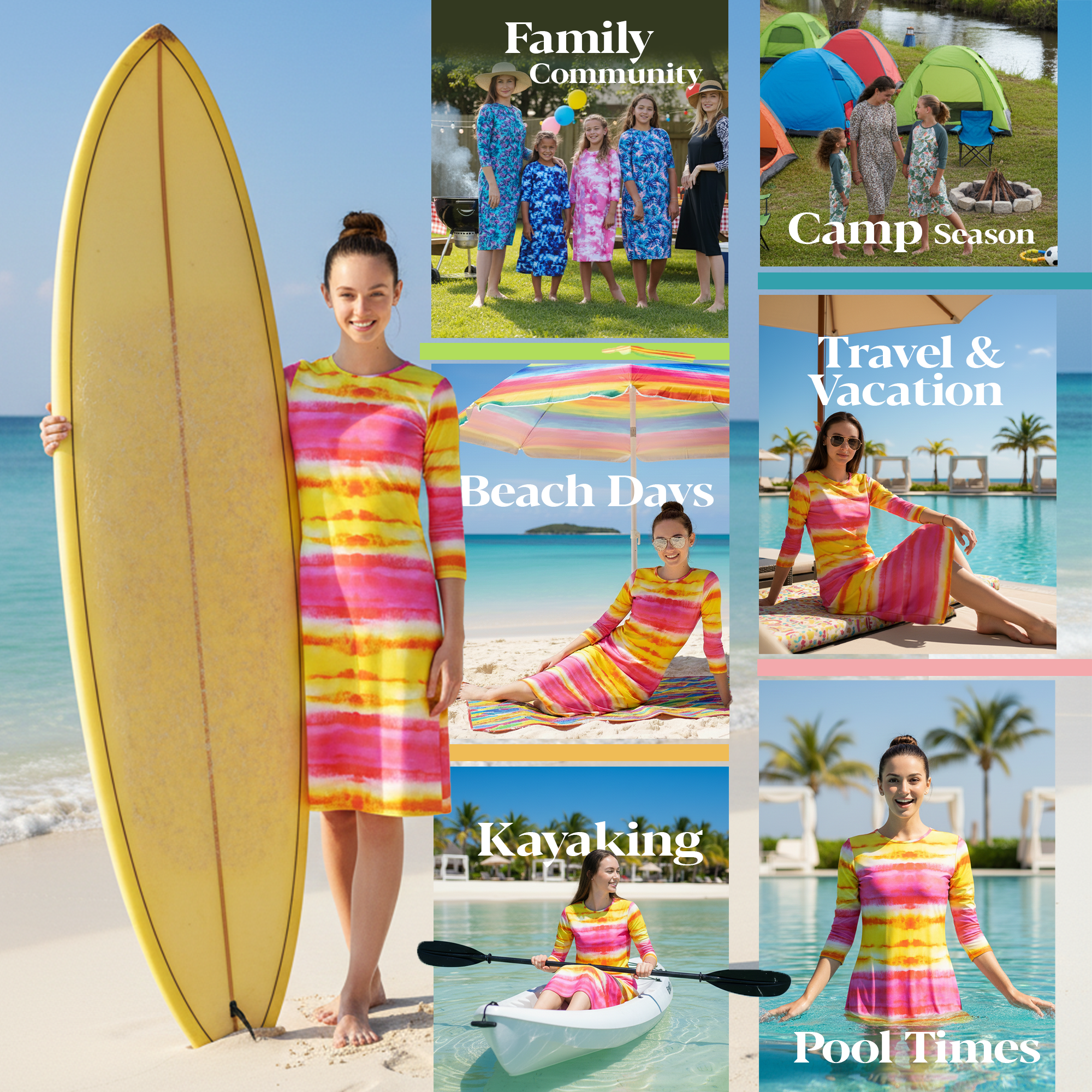 Woman Modest Tznius 3/4 Sleeve Athletic Swimdress Beach Cover up UPF 50+ Sun Protection ( Batik Yellow & Fuchsia)