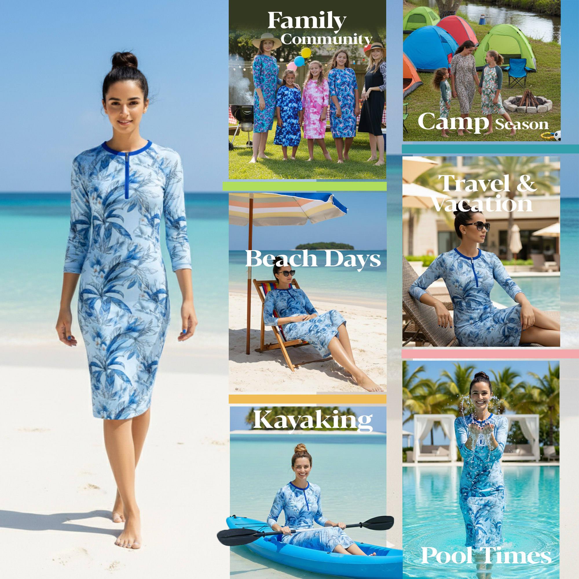 Woman Modest Tznius 3/4 Sleeve Athletic Swimdress Beach Cover up UPF 50+ Sun Protection (Flowers / Light Blue) (Copy)